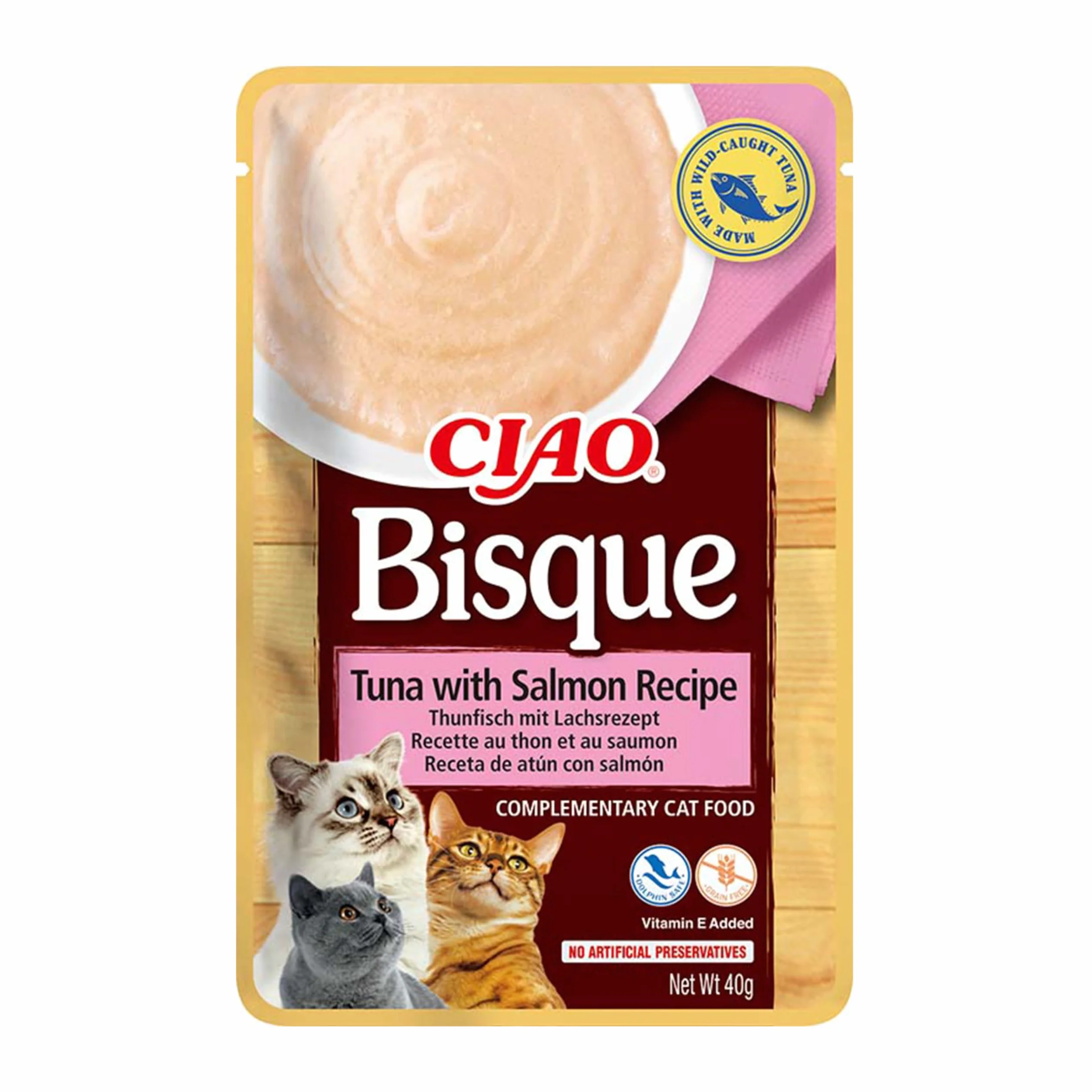 INABA Ciao Bisque mokra karma dla kotów, 30% tuńczyka i 86% wilgoci, bez zbóż, bez cukru, bez produktów ubocznych, kremowa pasta i pyszna zupa dla kotów z Japonii, 40 g (12 sztuk)