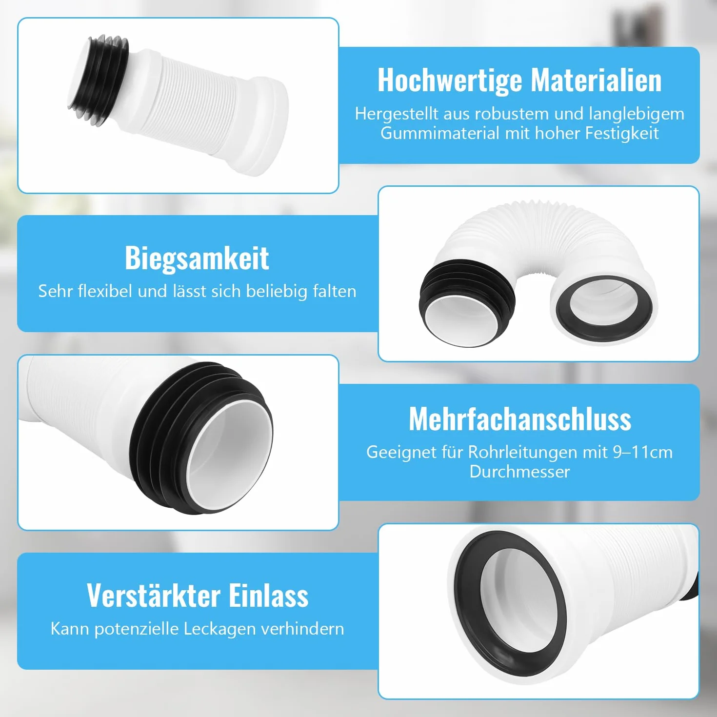 KOVACQ Elastyczna rura odpływowa WC, przedłużka 250-500 mm, regulowana, uniwersalna, pasuje do konfiguracji Ale, rura toaletowa, króciec przyłączeniowy do uniwersalnego odpływu WC (biała)