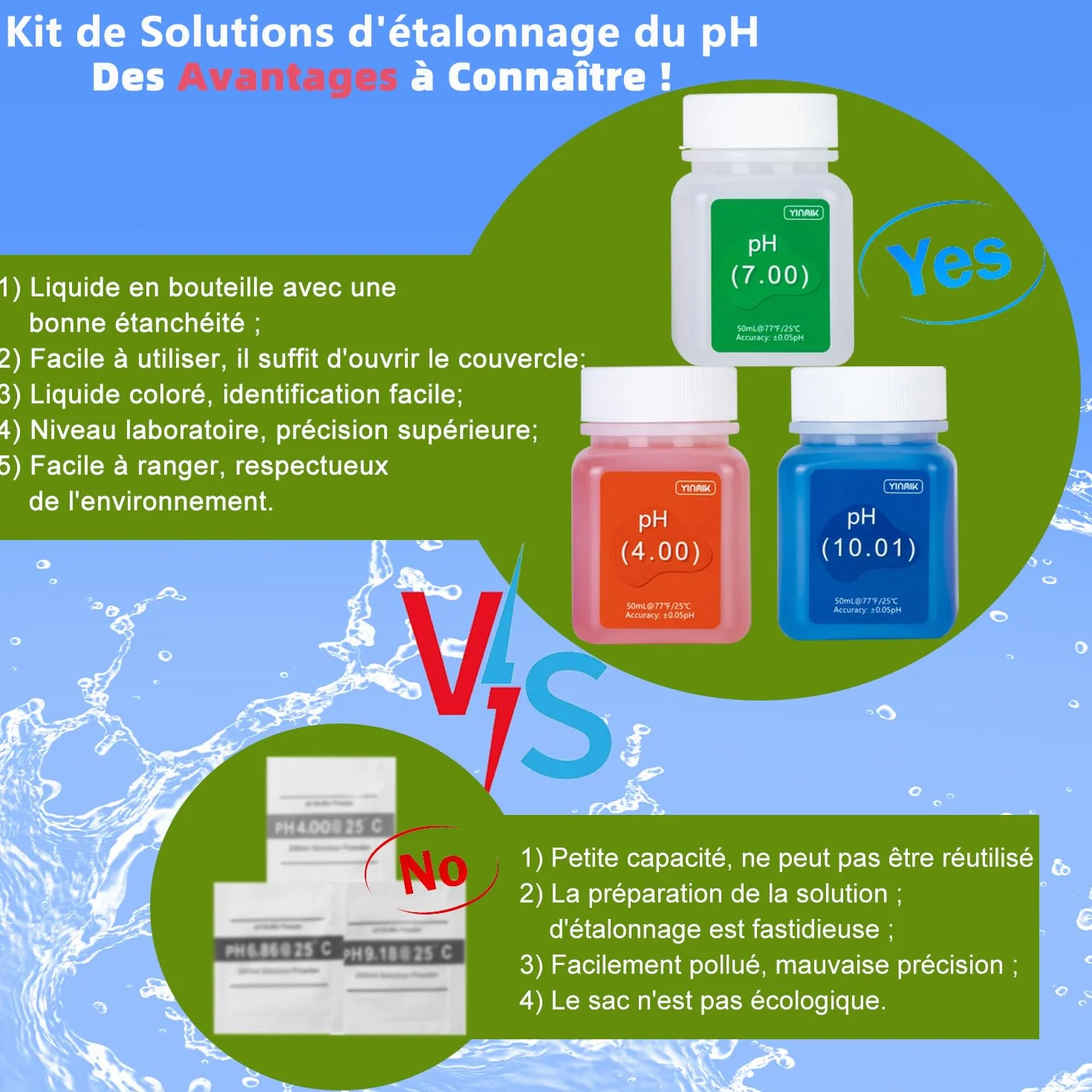 YINMIK zestaw do kalibracji miernika pH (4.00, 7.00 i 10.01) z zestawem do ochrony roztworu, 3 butelki po 50 ml roztworu buforowego do kalibracji pH i 2 butelki po 10 ml roztworu KCL do sond pH dla