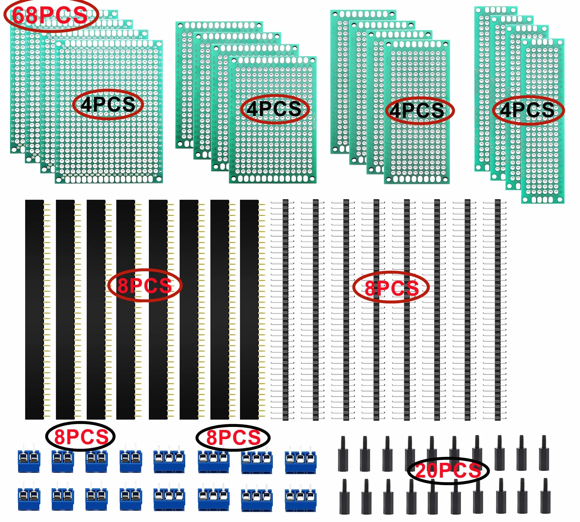 HUAZIZ 68 sztuk PCB Board Kits, 16 sztuk dwustronnych kart prototypowych płytek drukowanych, 16 sztuk męskich i żeńskich 40 pinów, 16 sztuk zacisków śrubowych 2P/3P, 20 sztuk nylonowych kolumn
