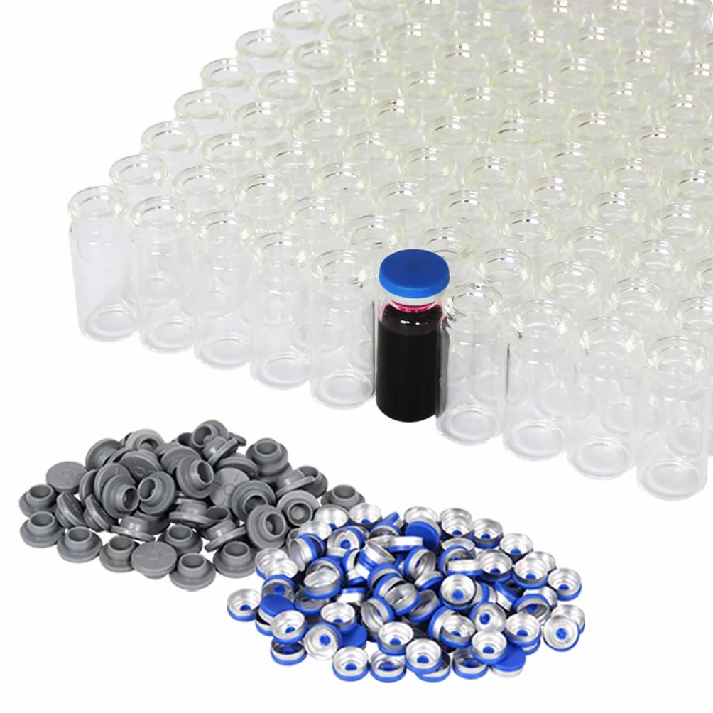 Fiolki 10 ml - przezroczyste szklane fiolki z plastikowymi aluminiowymi zatyczkami i gumowymi korkami, 100 sztuk, 20 mm fiolka laboratoryjna z płaskim dnem