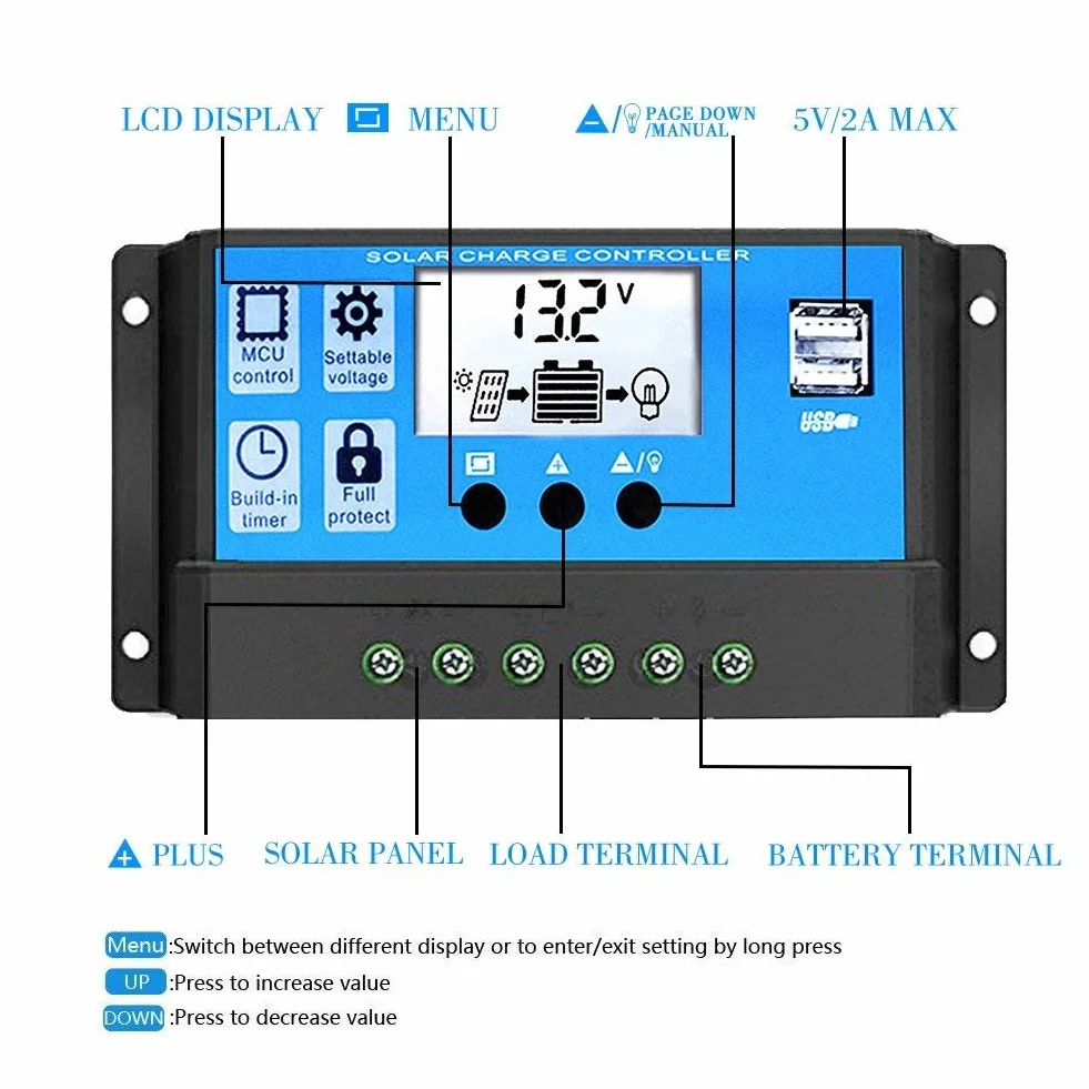 Y&H Automatyczny kontroler ładowania słonecznego PWM LCD 20 A 12 V 24 V Dual USB