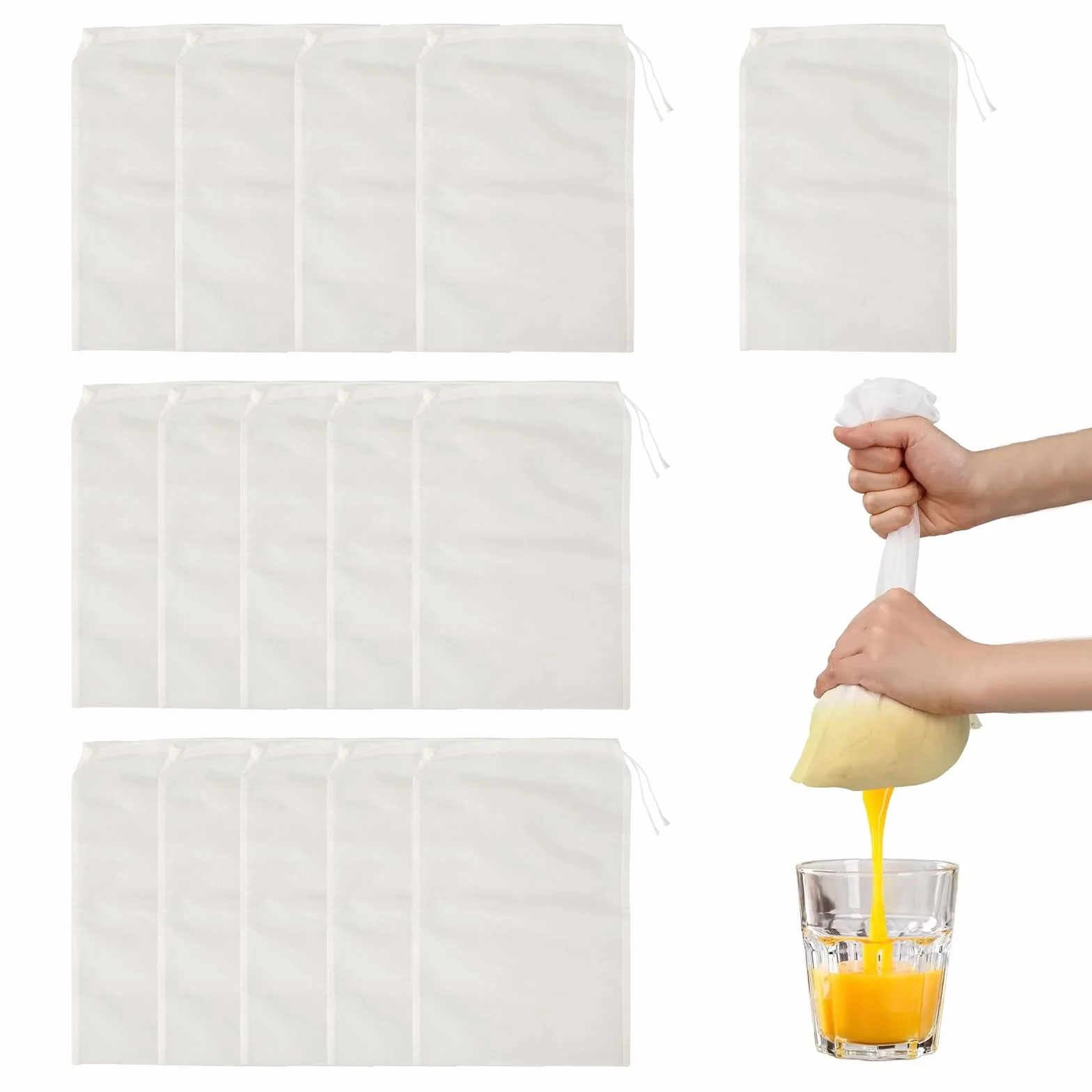 15 sztuk nylonowych woreczków do mleka orzechowego, 30 × 20 cm, ściereczka do przenoszenia wielokrotnego użytku, nadaje się do prania, worek filtrujący, ściereczka do odcedzania ze ściągaczem