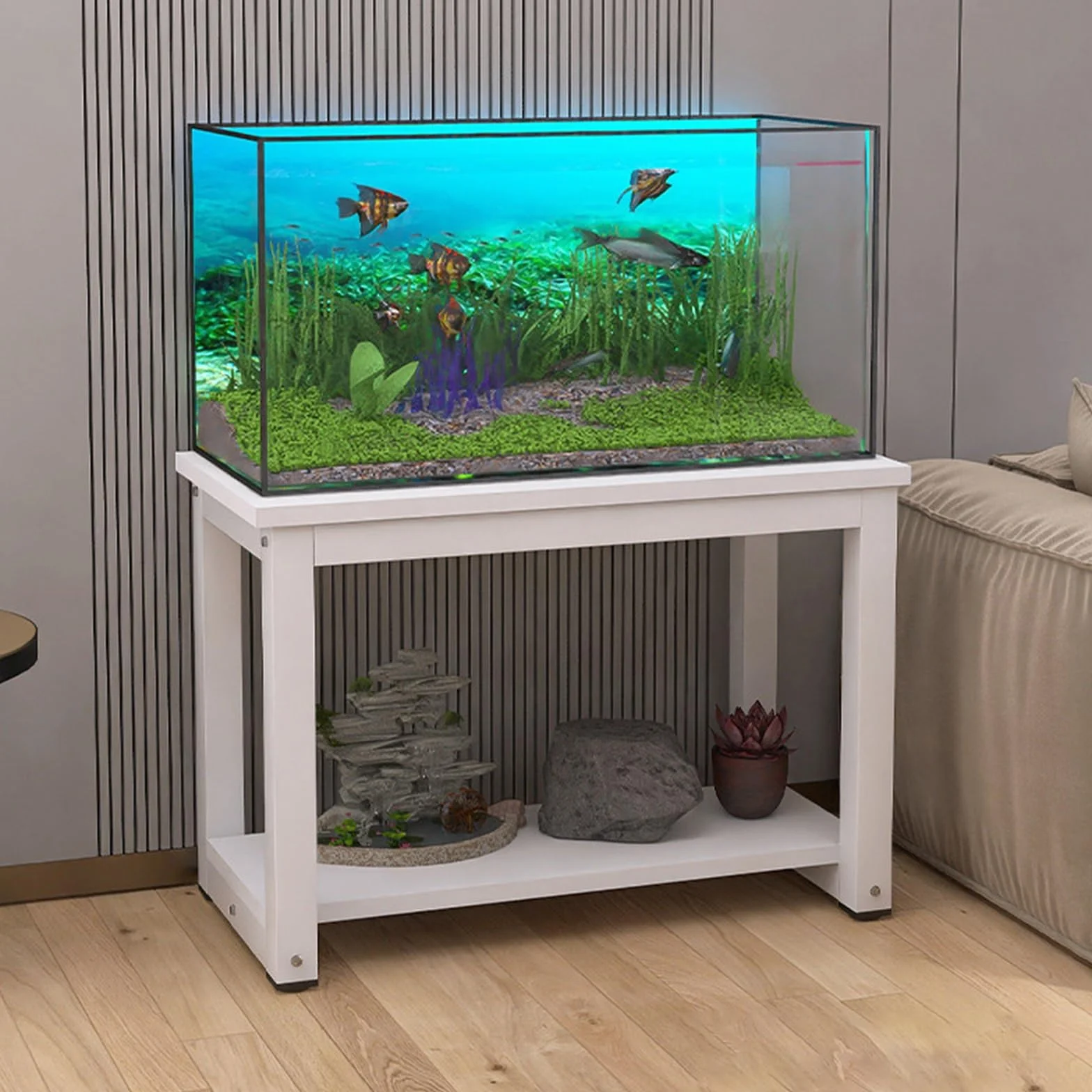 Dwupoziomowa Metalowa Półka Akwariowa,Idealna Do Aquascapingu,Salonów | Ten dwupoziomowy, metalowy stojak na akwarium pomieści akwaria i akcesoria do domowych(White+White,35.4x15.7x27.6in)