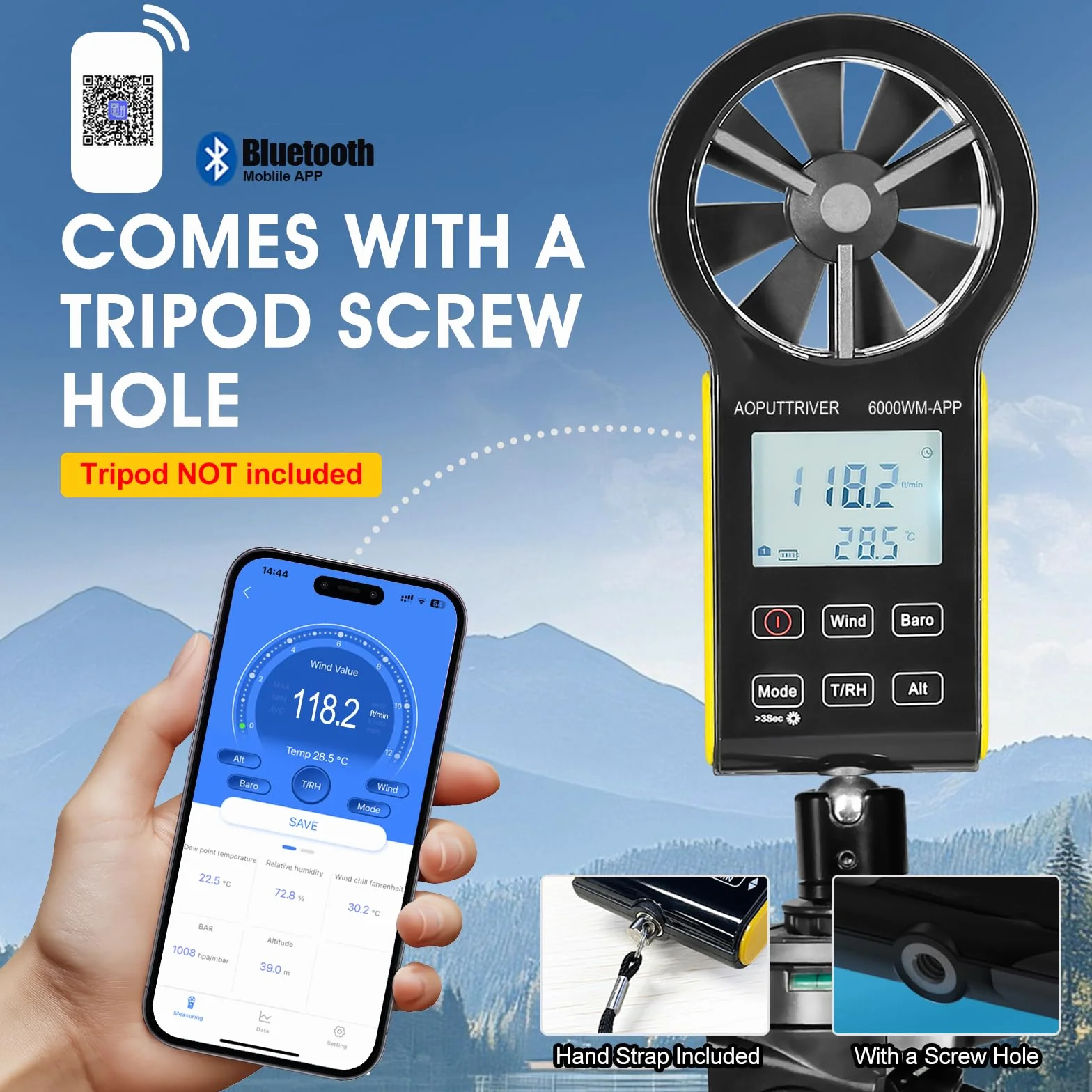 6000 WM-App ręczny miernik wiatrowy, cyfrowy anemometr CFM z temperaturą (°C/°F), 5 jednostek, pomiar prędkości wiatru, objętości powietrza i temperatury do HVAC, żeglugi