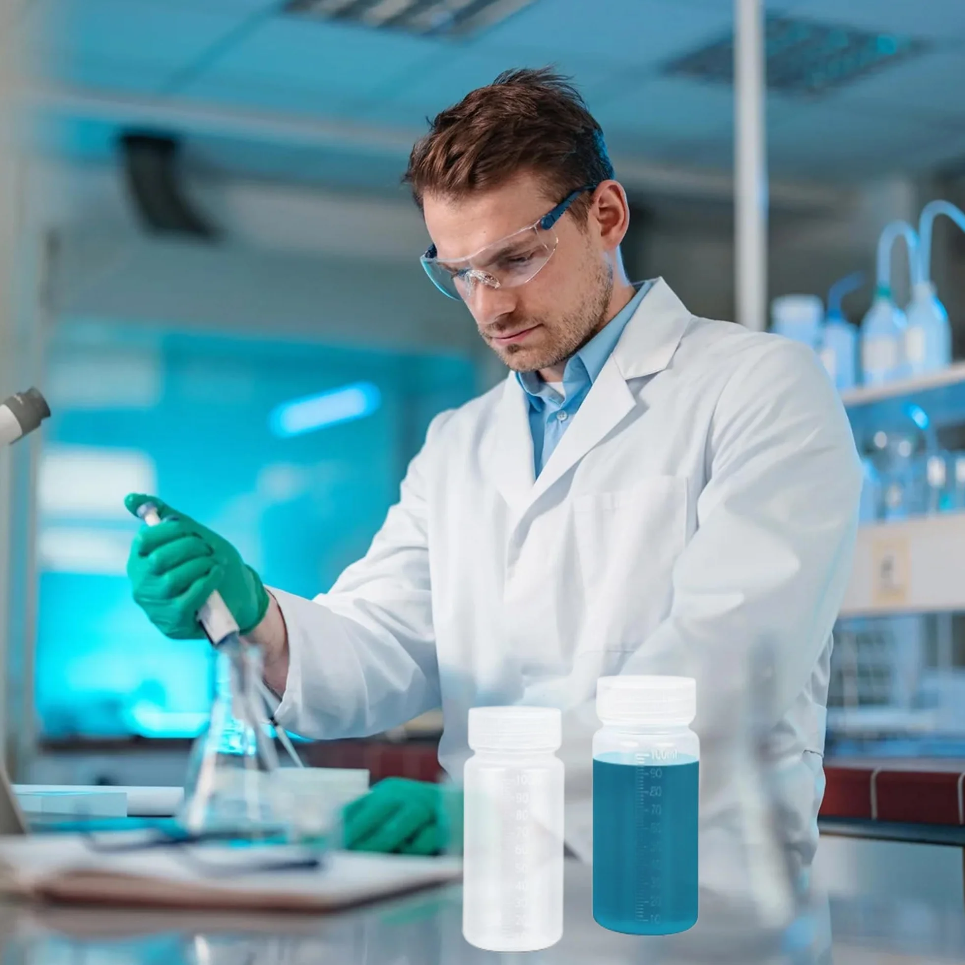 Plastikowe butelki laboratoryjne 100 ml z szerokim otworem i skalą, hermetyczna pokrywka, 5 sztuk