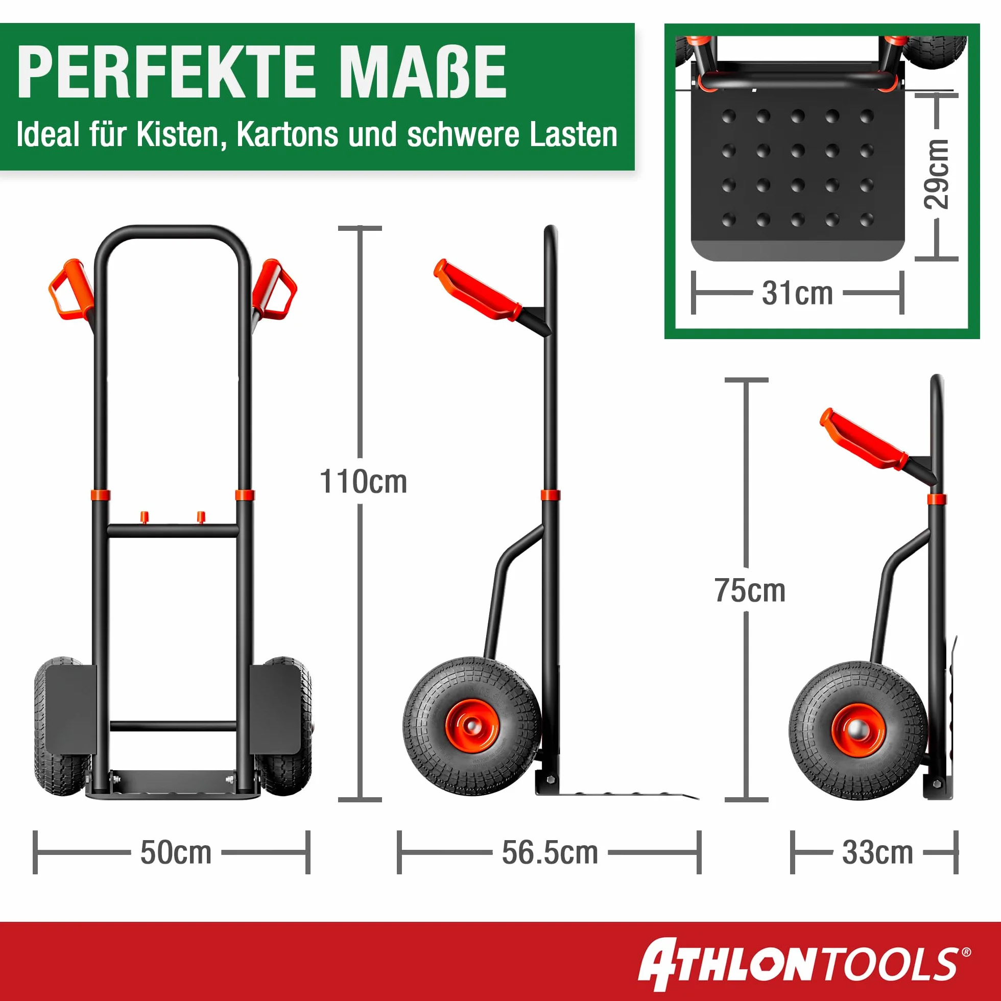 ATHLON TOOLS Wózek transportowy do dużych obciążeń, składany, 200 kg – stalowa rama z oponami wypełnionymi powietrzem, duże koła płynnie poruszają się i nie powodują wstrząsów, składany, zajmuje mało