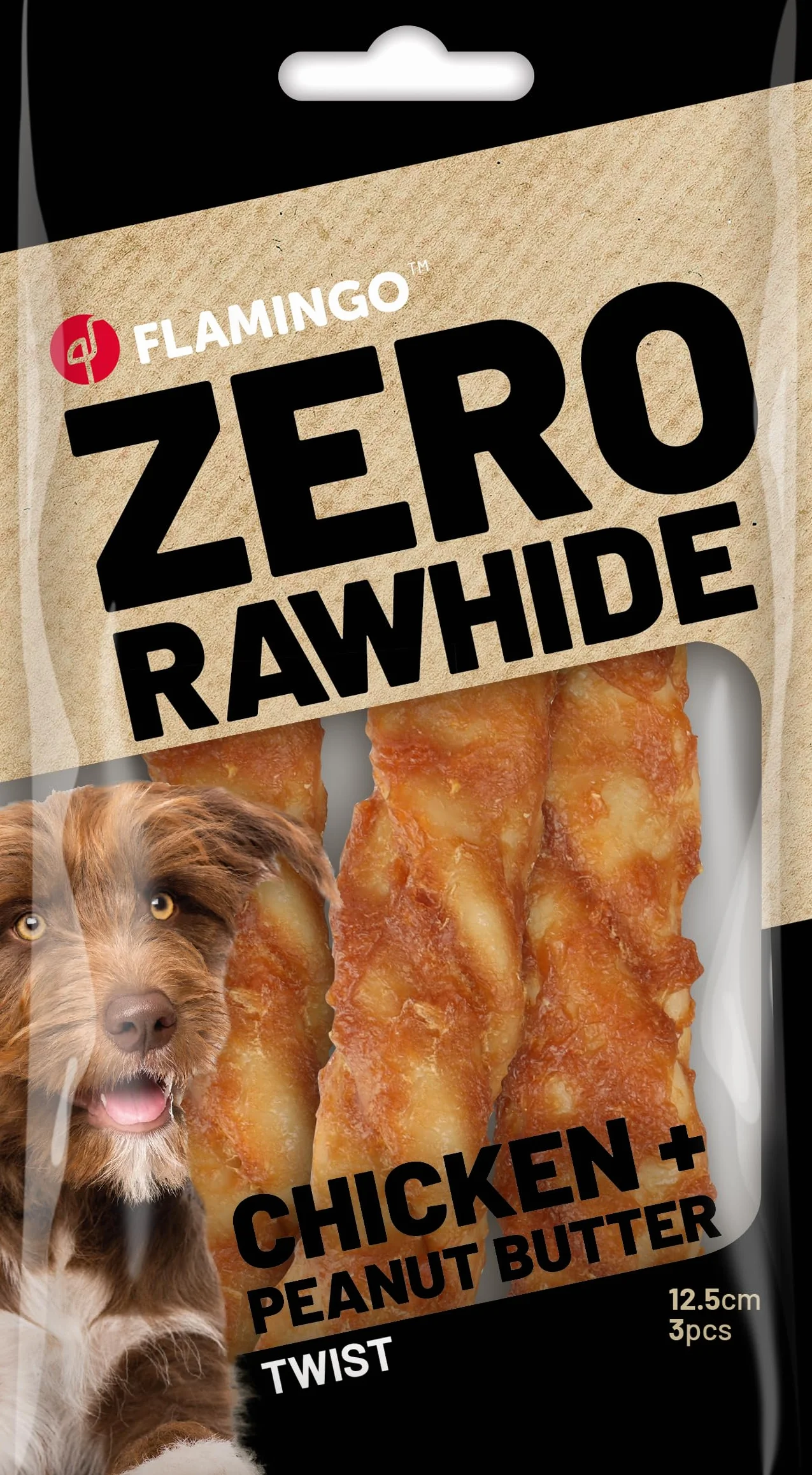 Flamingo Przysmaki - Zero Rawhide - dla łatwiejszego trawienia - Twist z kurczakiem i masłem orzechowym - 3 sztuki po 12,5 cm, 40 gr.