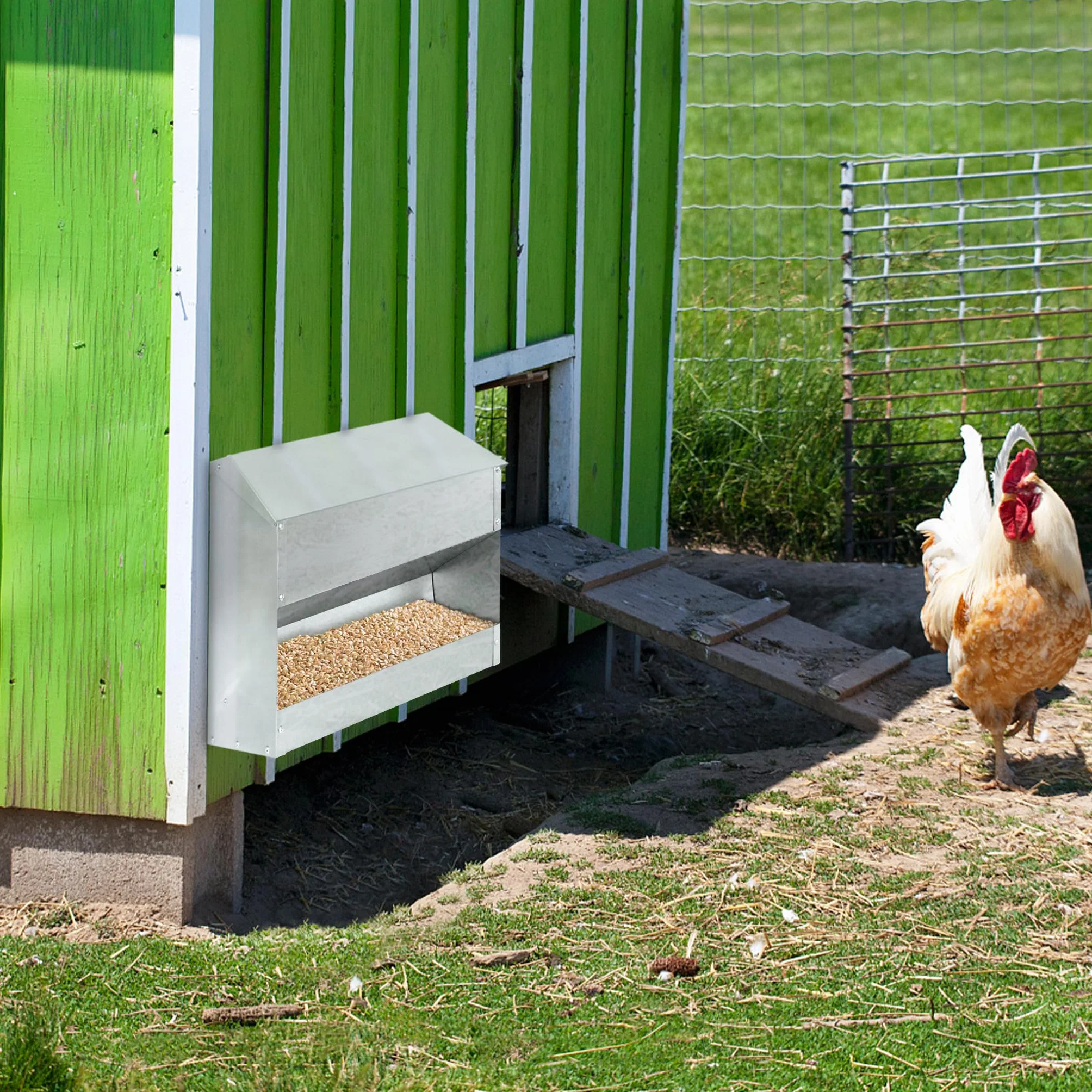 Froadp 15 kg automat do karmy dla kur o dużej pojemności, z ocynkowanej stali, dozownik karmy z pokrywką, automatyczny karmnik dla drobiu, kaczek, gęsi