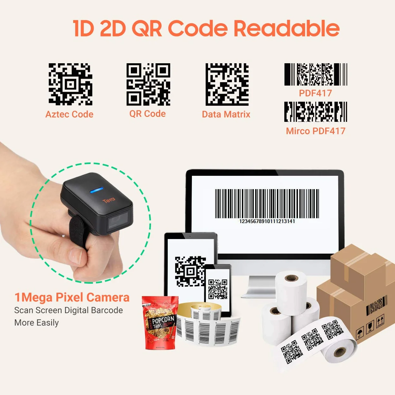 Tera Pro Series Mini CMOS Ring skaner kodów kreskowych 1D 2D QR bezprzewodowy Bluetooth 2.4G USB 2.0 przenośny HW0010