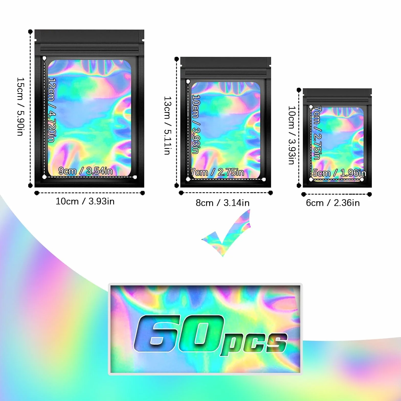 60 sztuk odpornych na zapachy torebek z mylaru, 13 x 8 cm, foliowe, holograficzne, czarne, zamykane, małe woreczki z zamkiem błyskawicznym, torby do przechowywania żywności, na cukierki, biżuterię