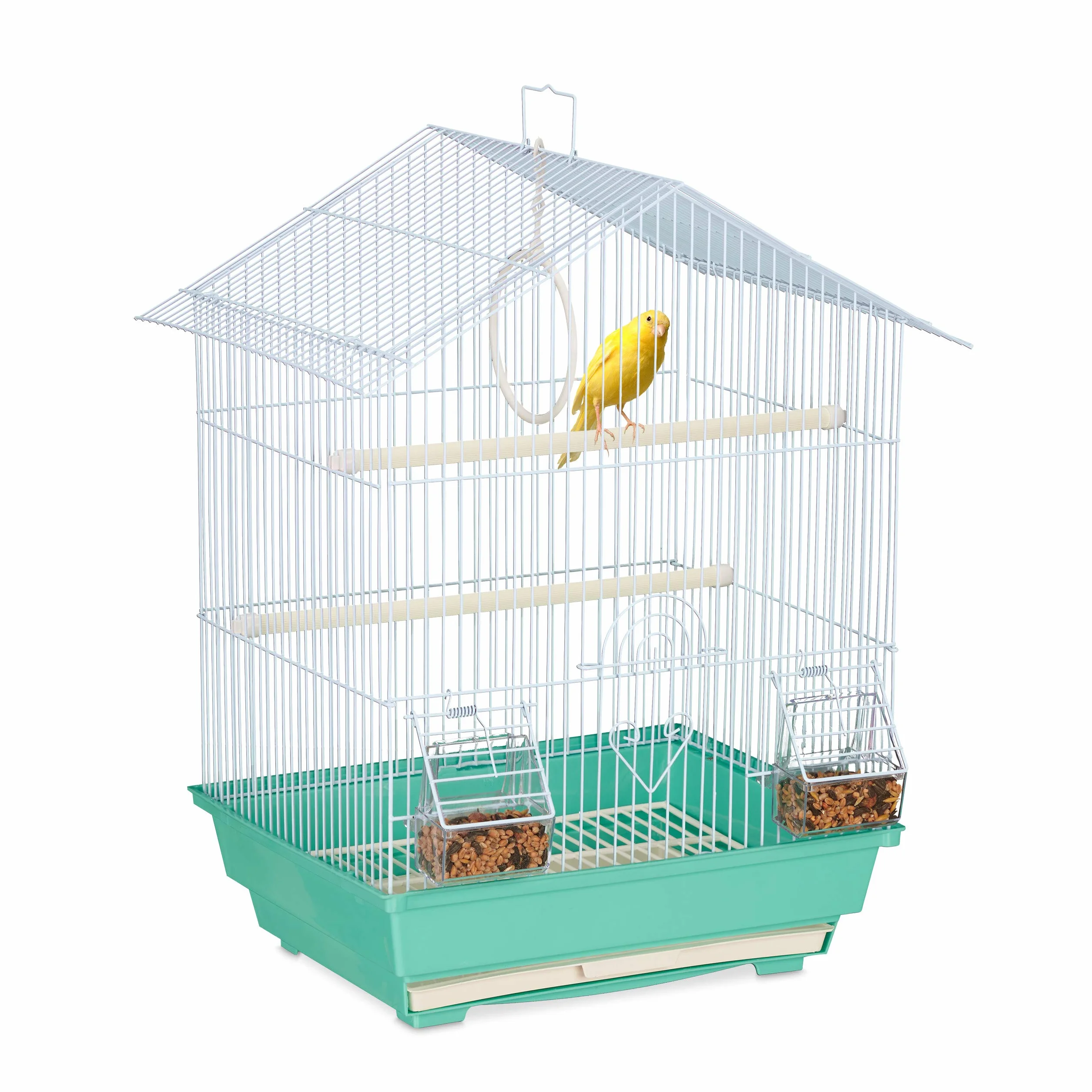Relaxdays Bird Cage klatka dla ptaków kanarków, drążki do siedzenia i miski na karmę, wys. x szer. x gł.: 49 x 39,5 x 32 cm, jasnoniebieska/miętowa zieleń, tworzywo sztuczne