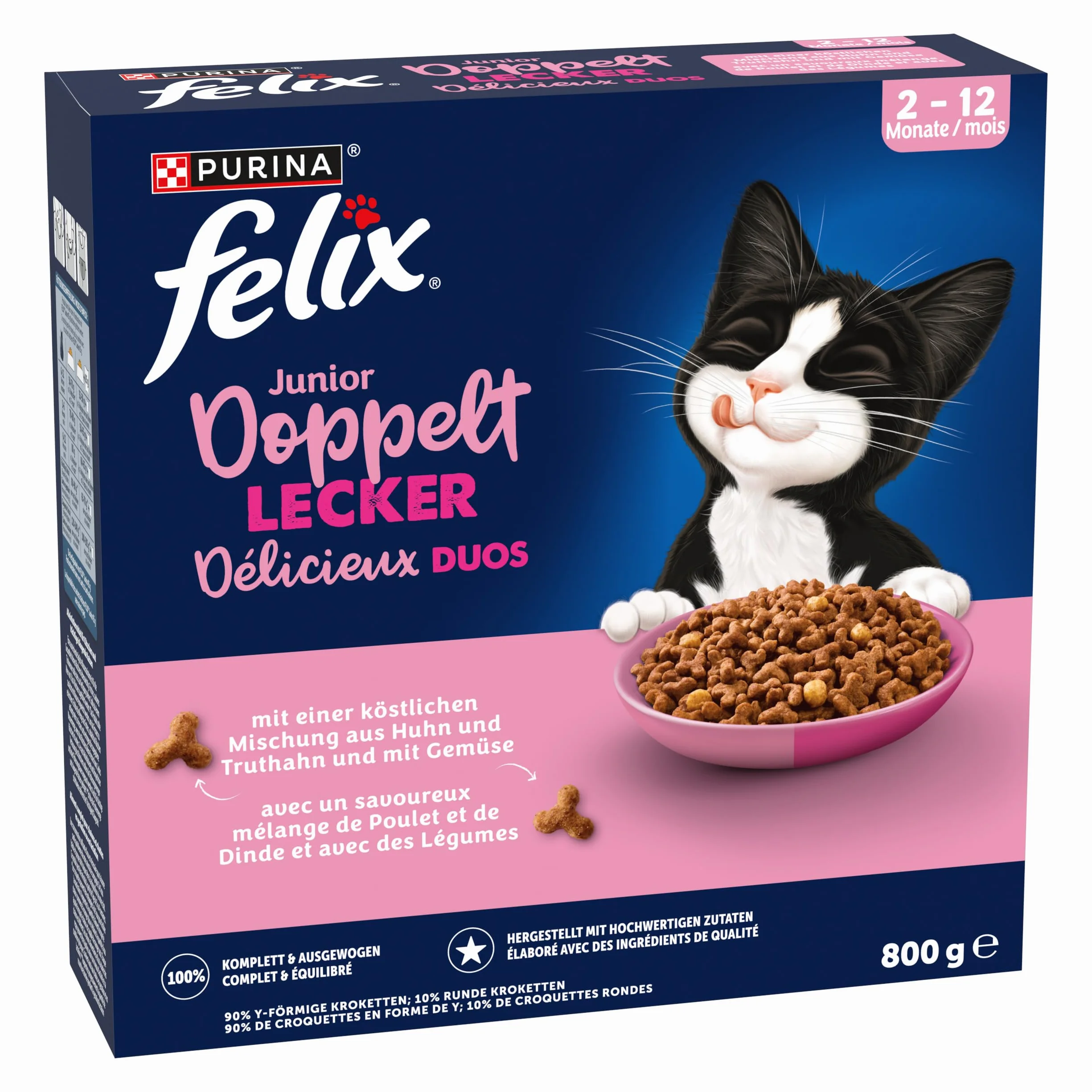Felix Doppelt Lecker Junior karma dla kotów sucha, z kurczakiem, indykiem i warzywami, 5 sztuk (5 x 800 g)