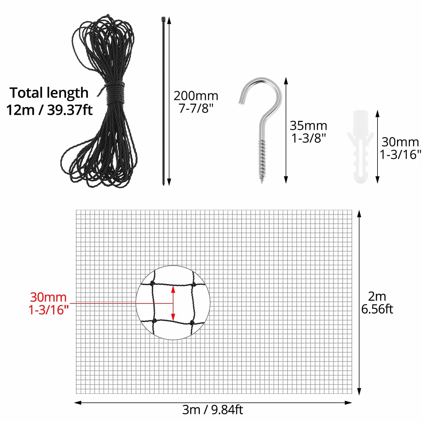 QWORK® Siatka dla kota wzmocniona drutem, 2 x 3 m, czarna, na balkon, drzwi zewnętrzne i okna