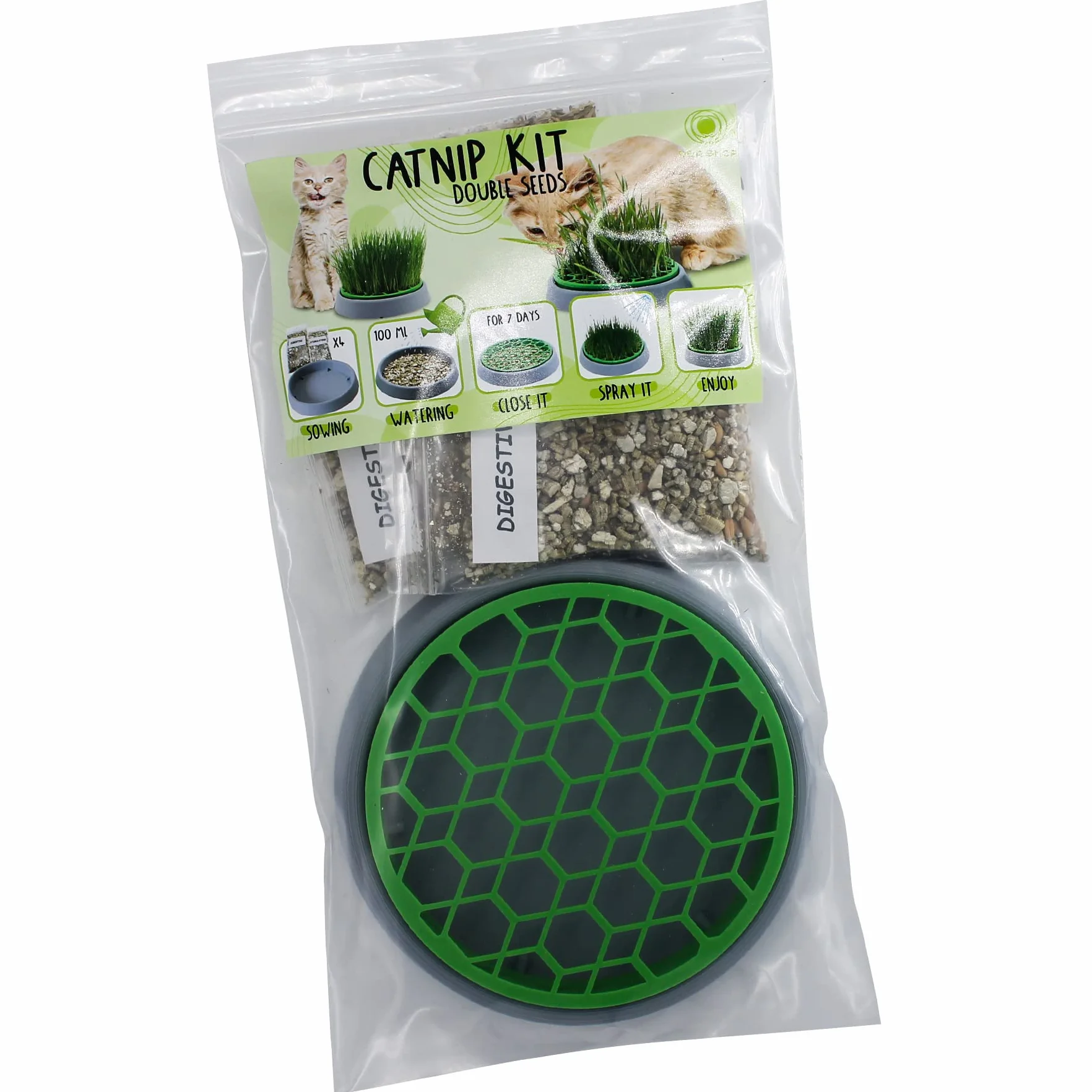 R&R SHOP - Zestaw Double Seeds Catnip - Doniczka kiełkująca, 2 rodzaje kocimiętki, pobudzająca i wspomagająca trawienie, 4 saszetki nasion i podłoże, odpowiednia dla wszystkich kotów
