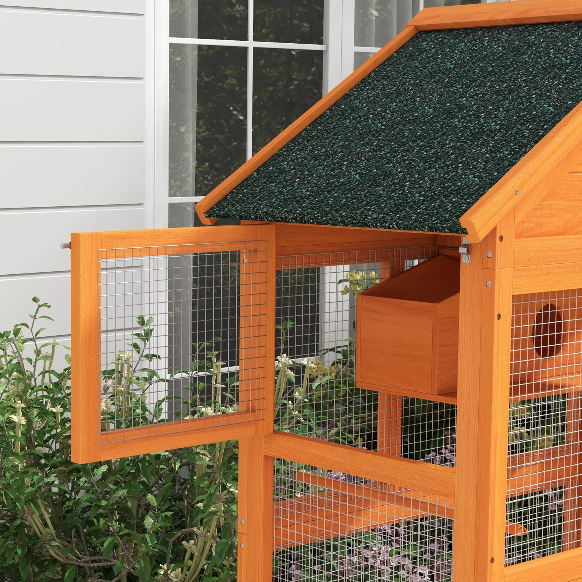 PawHut Drewniana klatka dla ptaków, klatka dla papug, plac zabaw, woliera dla ptaków zewnętrznych, wodoodporny dach asfaltowy, do peruk, kalopsitu, conure, kanarka, 92 x 52 x 171 cm, pomarańczowa