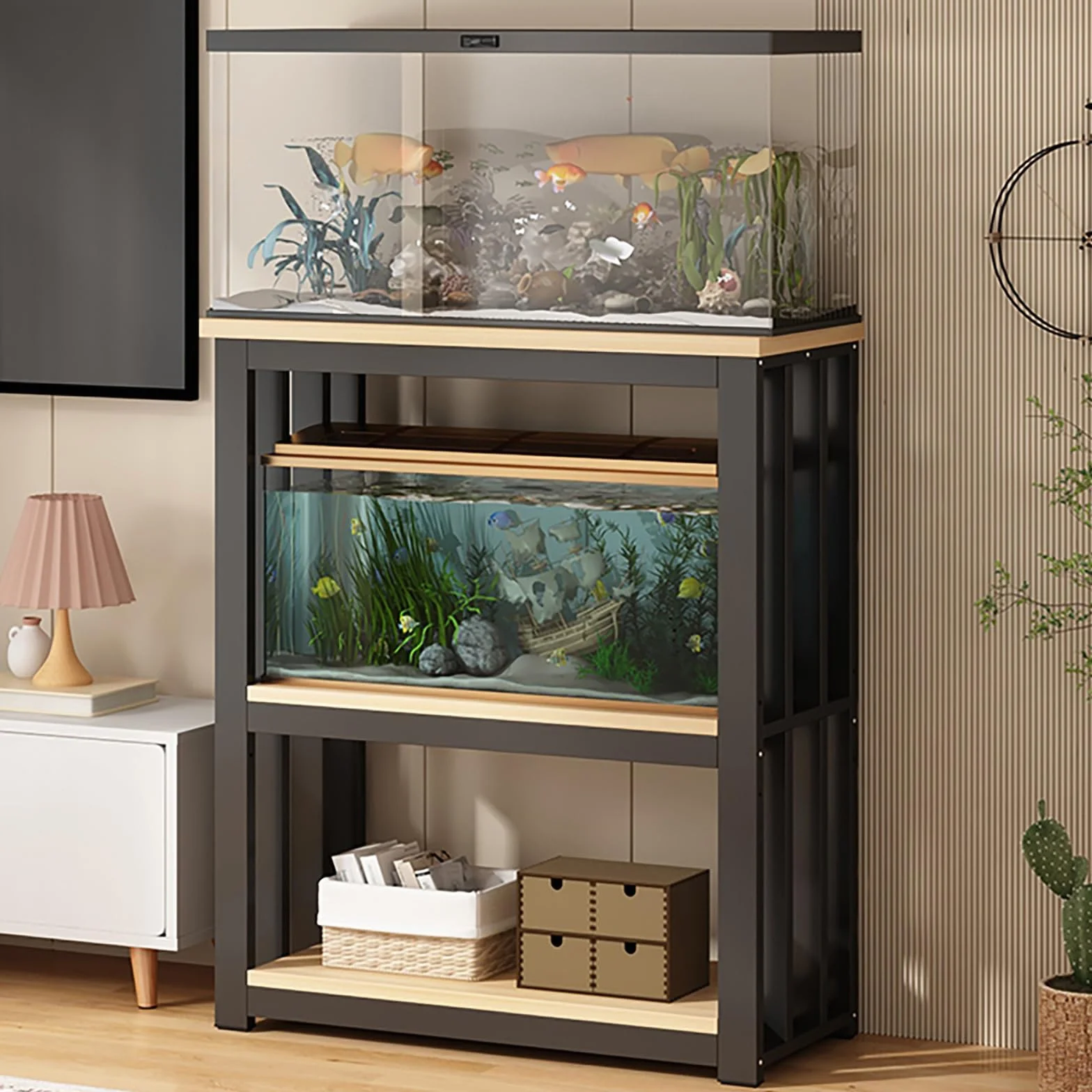 Szafka stojąca do akwarium, długa – wytrzymały, duży system regałowy do akwariów, gadów, hodowców, wiwarium, żółwi, regulowany uchwyt do terrarium, design Mid-Century, stabilny stelaż
