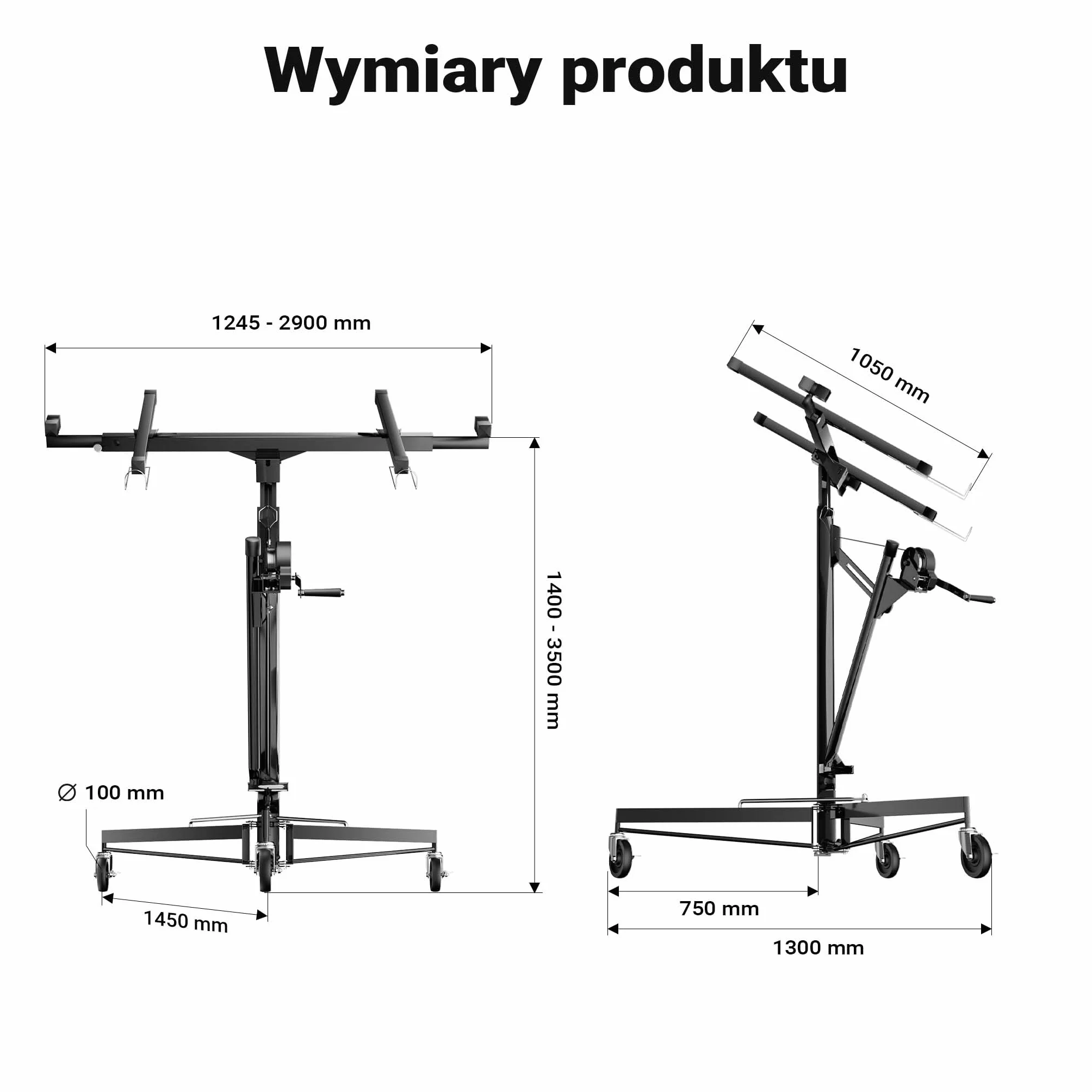 Wiltec Zestaw XXL podnośnik do płyt do maks. 68 kg + 140 cm przedłużenia, wysokość 140-465 cm, maks. szerokość 2,90 m, pomoc w montażu do suchej zabudowy, podnośnik paneli z 3 kółkami, czarny