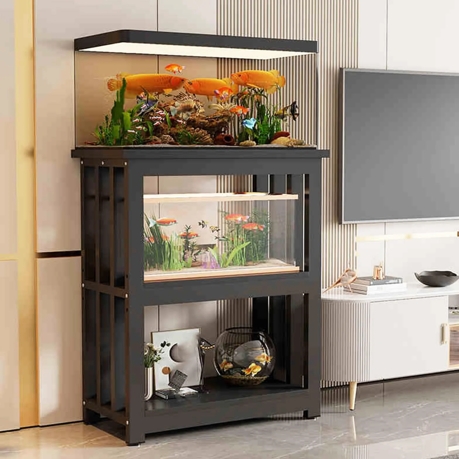 Wytrzymały stojak do akwarium z półką na rośliny, 3-poziomowy stojak terrarium do salonu, stojak na zbiornik dla gadów