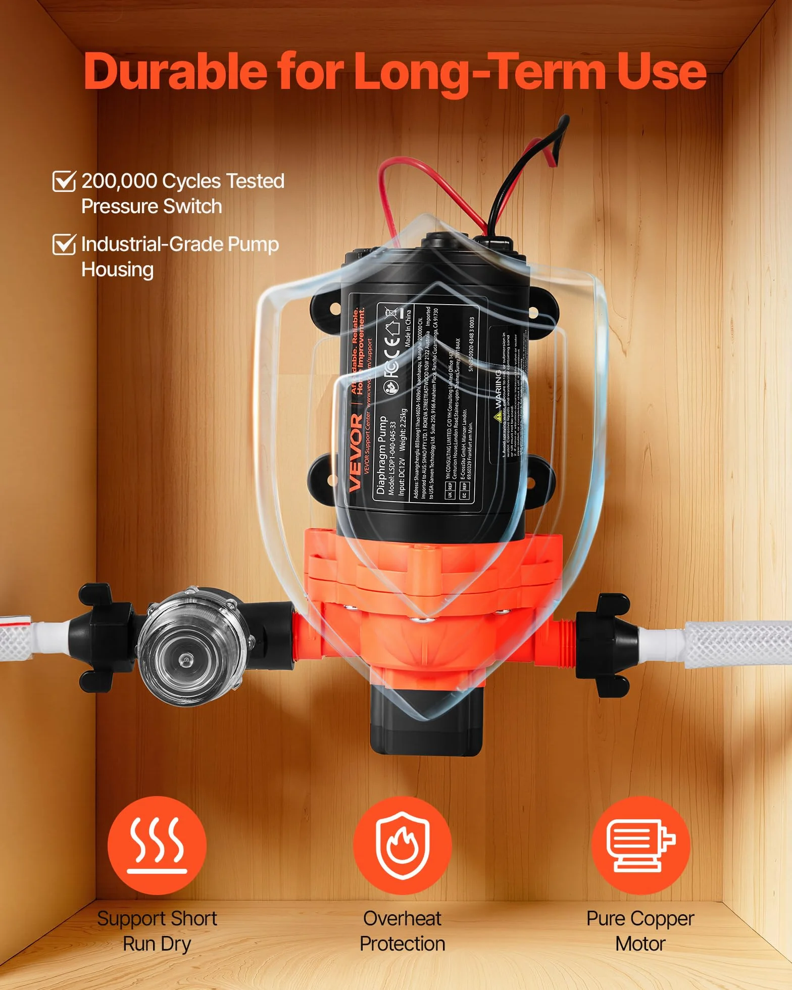 VEVOR Pompa membranowa, 12 V DC, 15,1 l/min, samozasysająca 3-komorowa pompa wodna z automatycznym przełącznikiem ciśnieniowym, ciśnienie 2,75 bar, do przyczep kempingowych, statków, jachtów, myjni