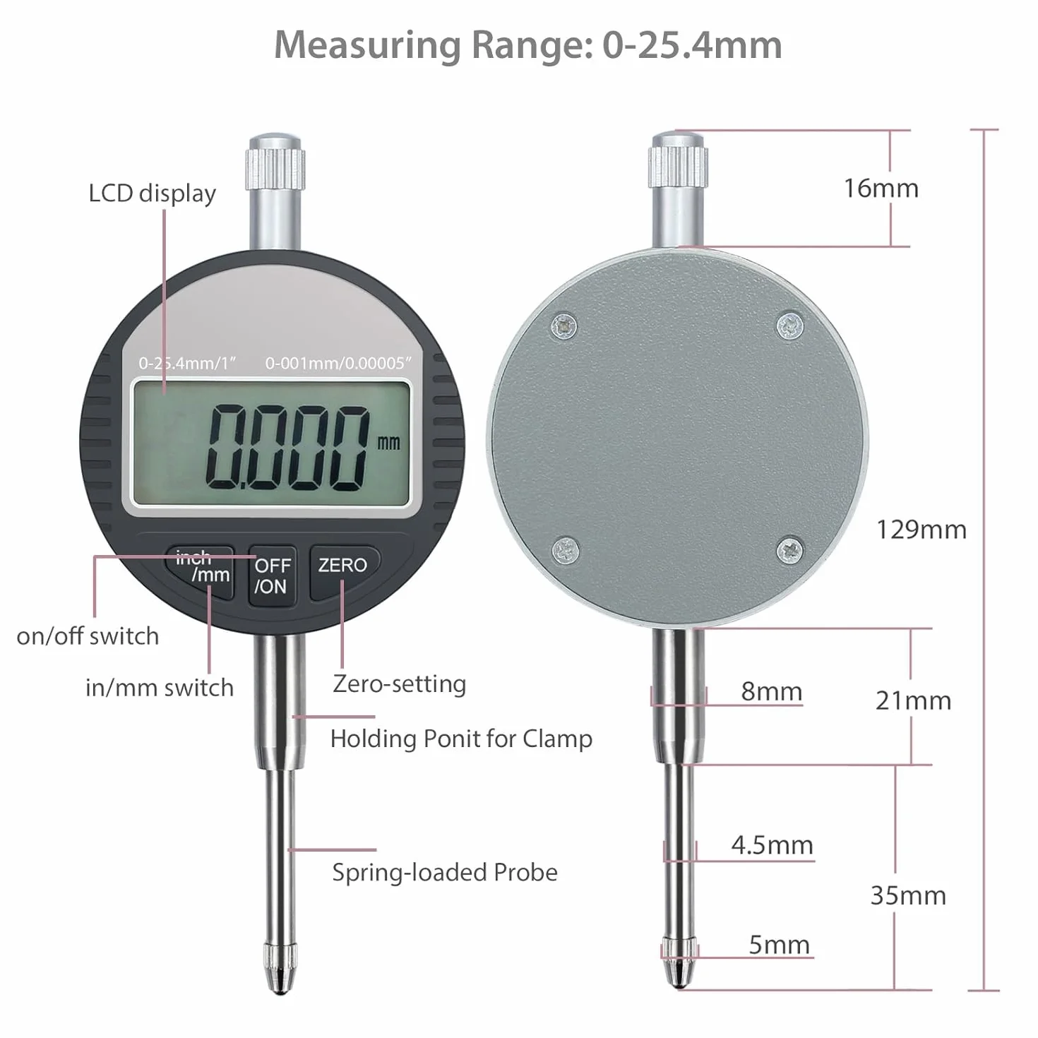 Cyfrowy wskaźnik zegarowy 0,001 mm / 0,00005 '' Neoteck DTI Dial Test Gauge Zakres 0-25,4 mm/1'' Cyfrowy wskaźnik sondy Wskaźniki testowe Elektroniczny wskaźnik