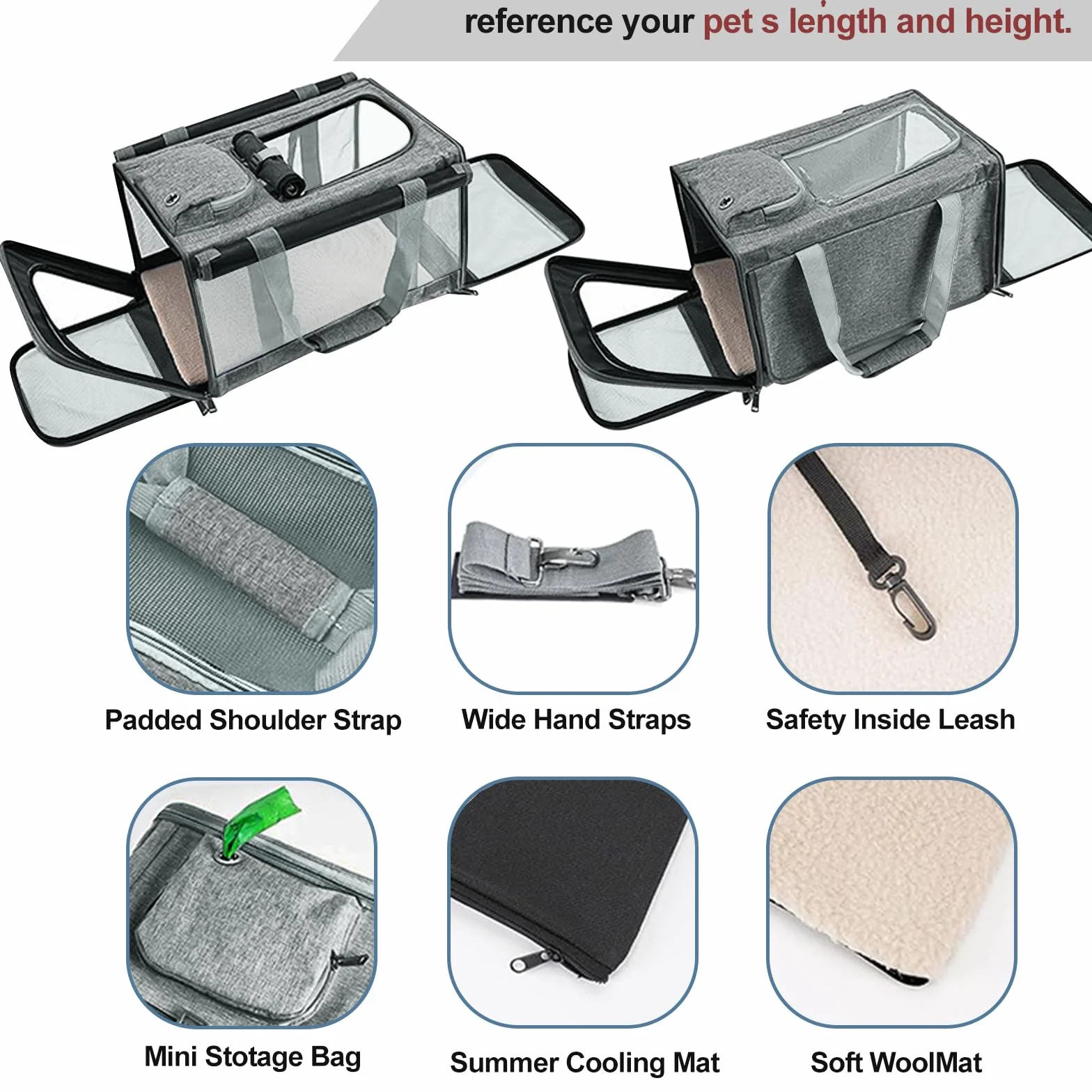 Transporter dla kota, składana torba transportowa dla kota – torba transportowa dla kotów i małych psów do 9 kg – 46×30×30 cm – z osłoną, kieszenią i oddychającą siatką (ciemnoszary)