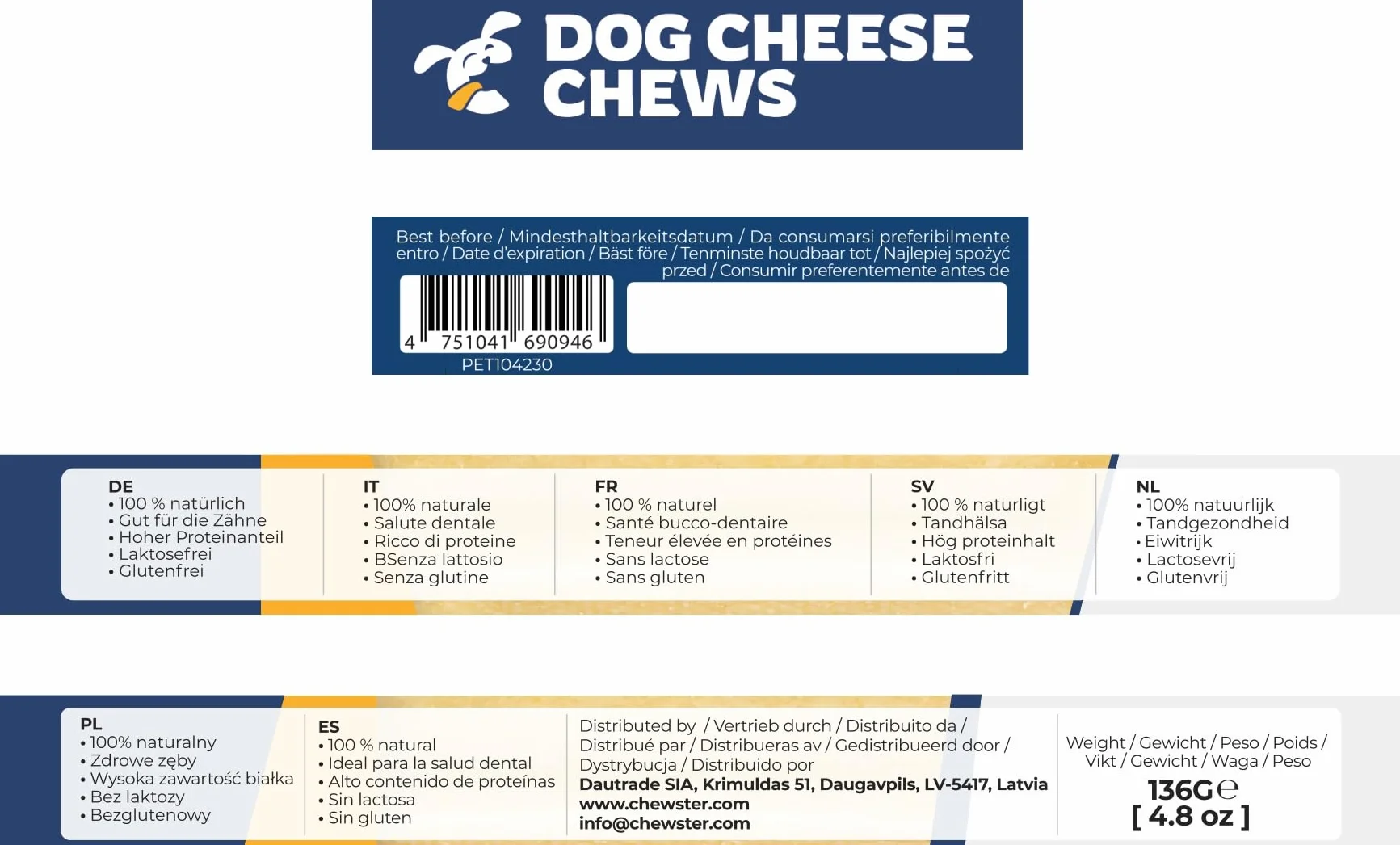 Käsestangen - Kaukäse Hundeknochen - Kaukäse für Hunde - Langer Kauspaß aus natürlicher Milch – Natürliche Käse-Kauknochen (136 g, S, 4er Pack)