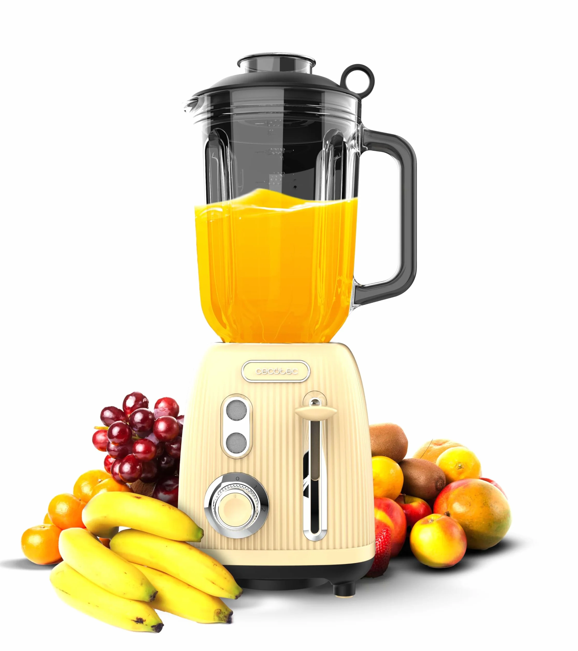 Cecotec Mikser stojący Retro Power Black Titanium RetroYellow, maksymalna moc 1200 W, szklany pojemnik 1,5 l, regulowana prędkość, 4 ostrza z czarną powłoką tytanową, silnik 100% miedziany