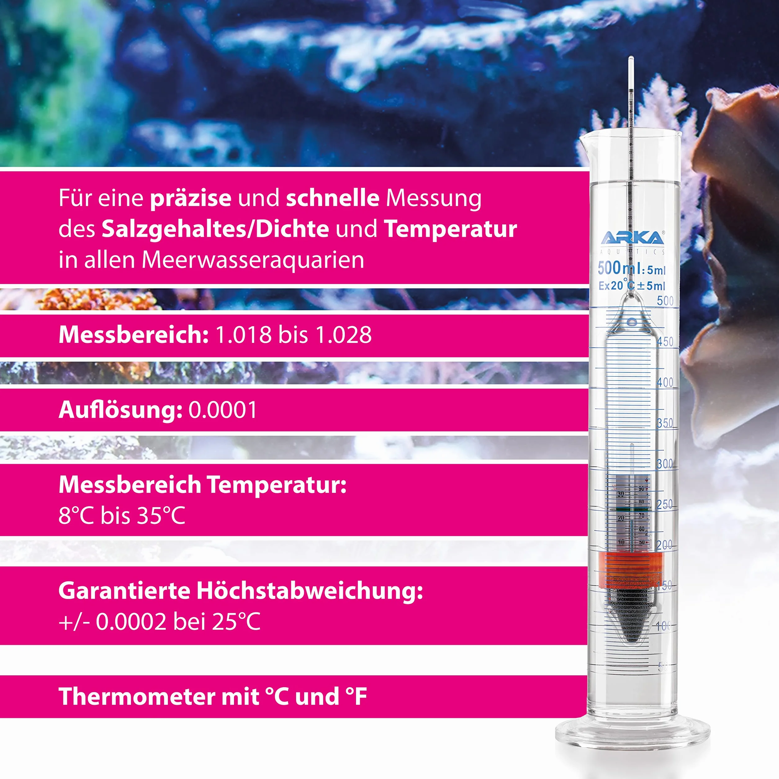 ARKA Aquatics Areometer Set - Gęstościomierz z termometrem i cylindrem pomiarowym - do każdego akwarium morskiego, bezpieczny i łatwy w użyciu.