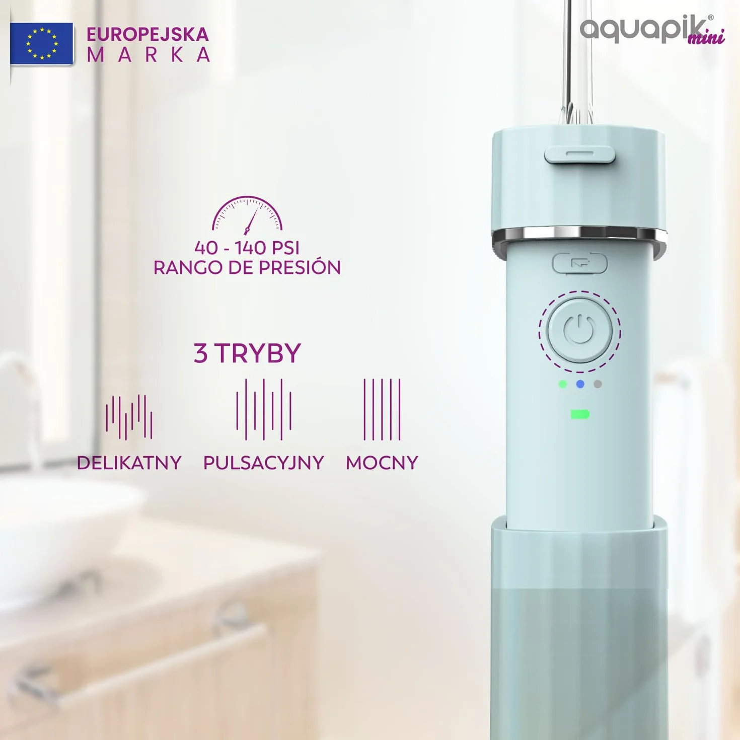 Aquapik Mini przenośny irygator dentystyczny. 3 tryby użytkowania, wodoodporny IPX7, 4 dysze w zestawie, akumulator i kompaktowy, idealny w podróży, polecany przez dentystów dla całej rodziny.