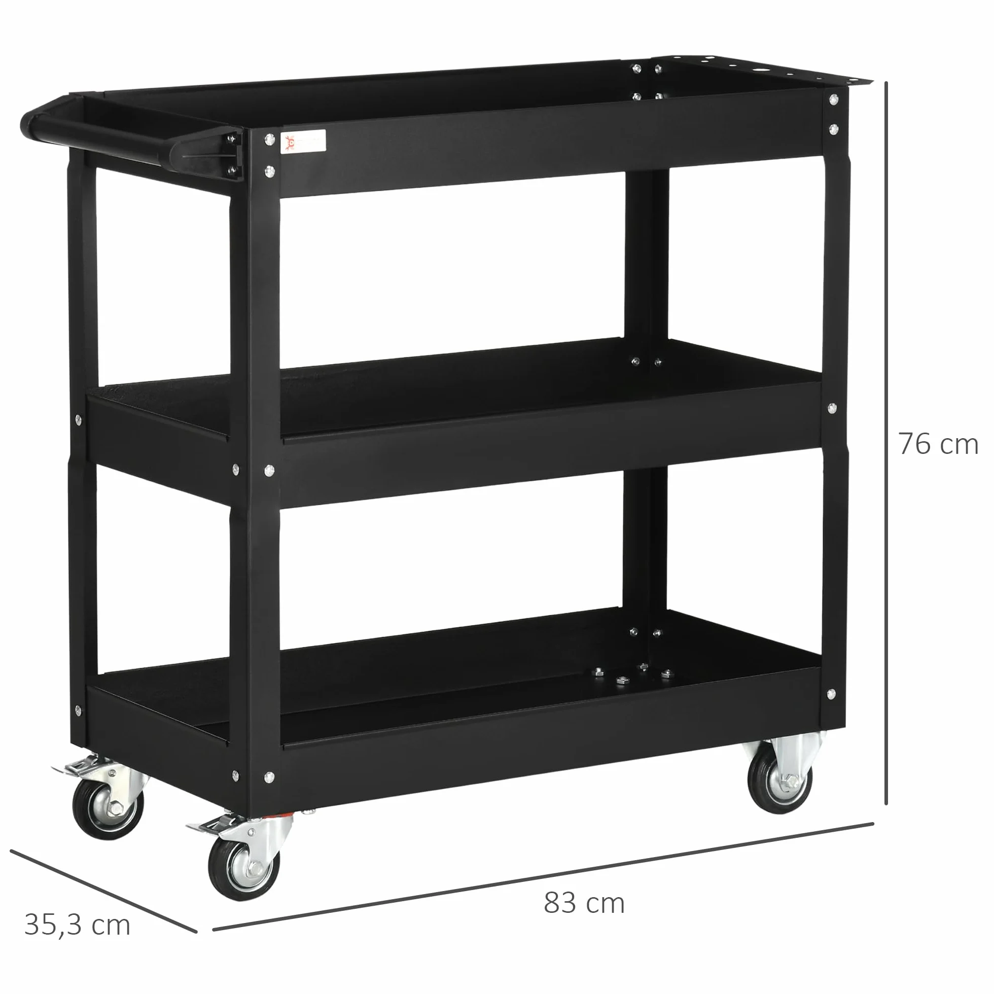 DURHAND Wózek warsztatowy z 3 poziomami, wózek narzędziowy, pusty wózek transportowy z bocznym uchwytem, 4 kółka, nośność do 150 kg, stal, 83 x 35,3 x 76 cm, czarny