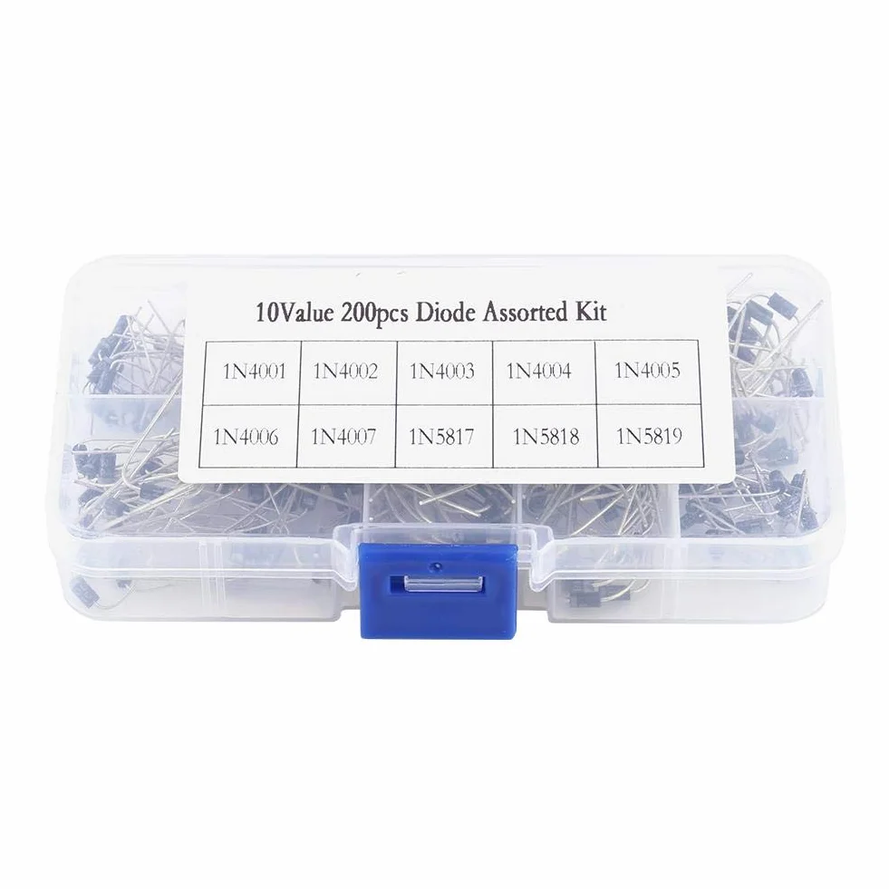 Zestaw diod prostowniczych, 200 sztuk Diody elektroniczne 1N4001 1N4002 1N4003 1N4004 1N4005 1N4006 1N4007 1N5817 1N5818 1N5819 Zestaw z pudełkiem