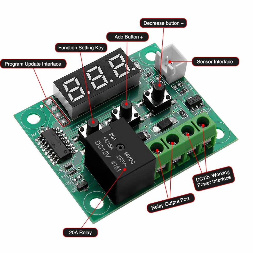 VooGenzek Cyfrowy Regulator Temperatury W1209 Termostat -50-110°C 12V DC z Sondą NTC