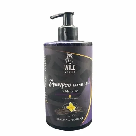 Wild Horses Szampon koni Manti szary z olejkami eterycznymi, w przypadku matowego płaszcza, kolor waniliowy, 500 ml, wyprodukowany we Włoszech