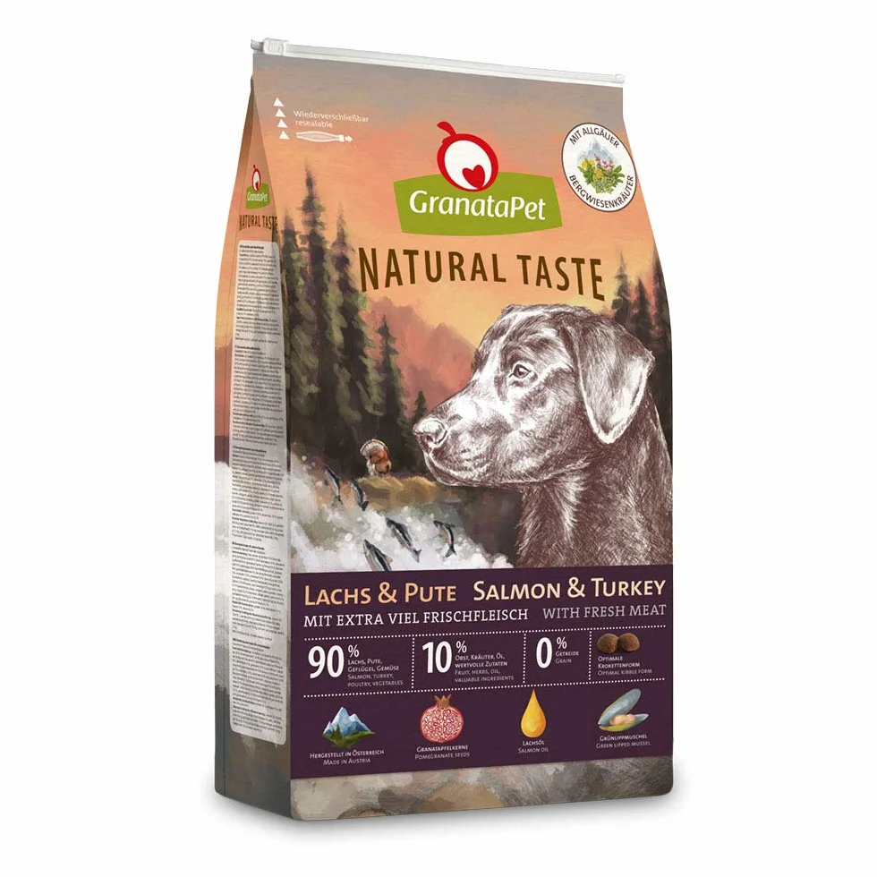 GranataPet Natural Taste Łosoś & Indyk, 12kg | Karma pełnoporcjowa, Bez zbóż, Bez dodatku cukru, Olej z łososia i małża nowozelandzka, Made in Austria