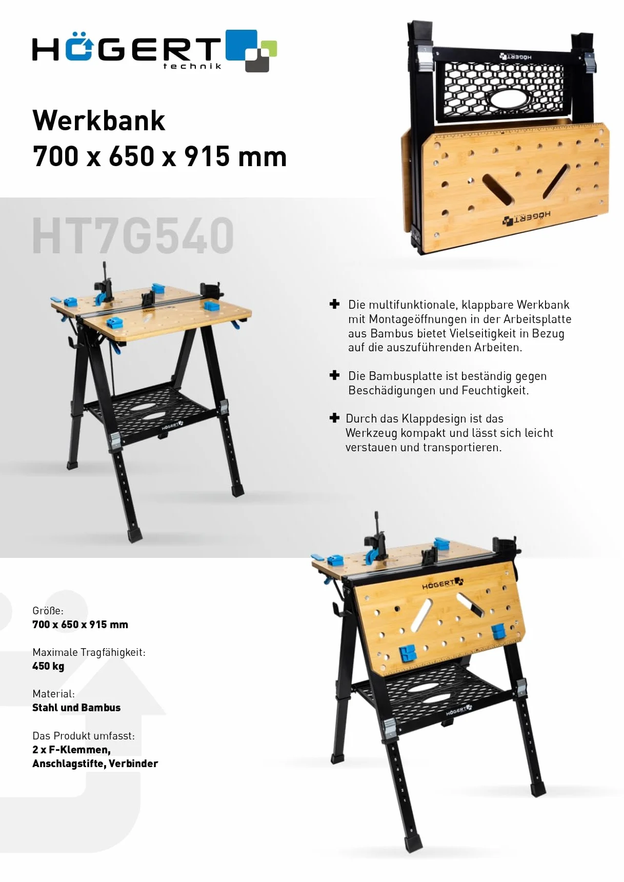 HÖGERT TECHNIK Składany stół warsztatowy 700 x 650 x 915 mm bambusowa płyta 5-stopniowa regulacja wysokości nośność 450 kg