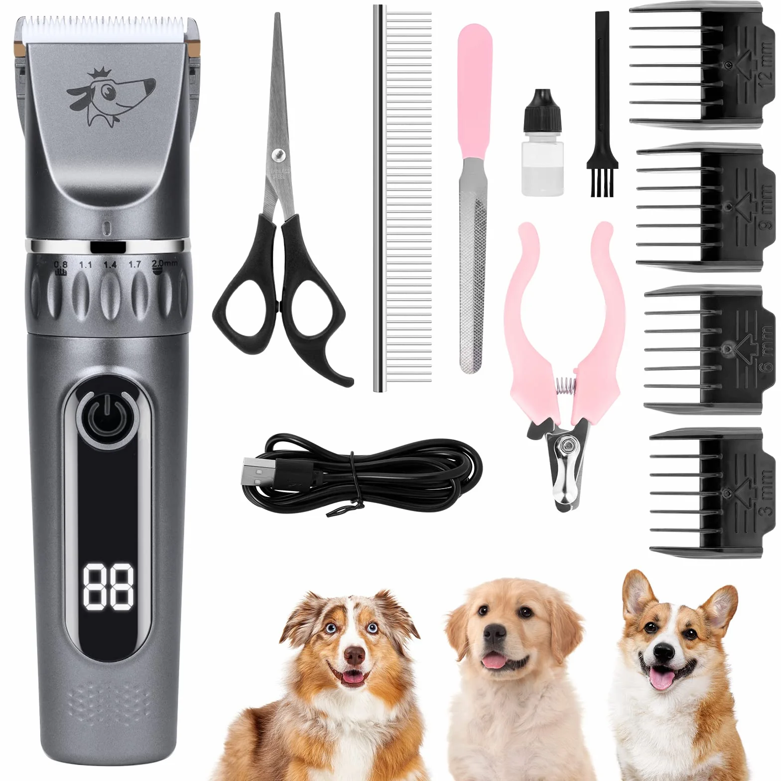 Pet Clipper, akumulatorowa maszynka do strzyżenia, maszynka do strzyżenia psów z zestawem do pielęgnacji psów, inteligentny wyświetlacz LCD, prędkości 5, odległości cięcia 4 (srebro)