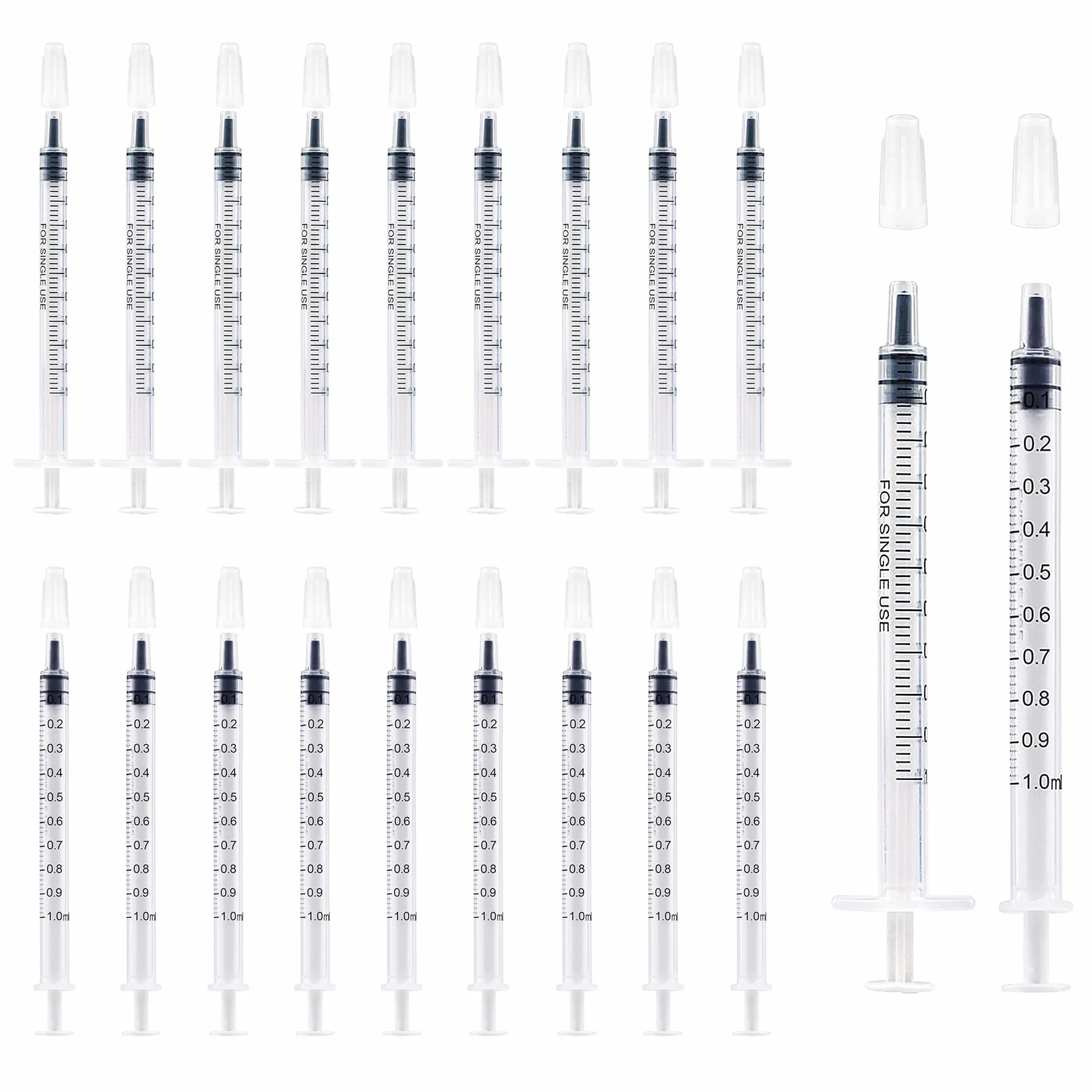 50 szt. 1 ml plastikowe strzykawki z nakrętkami bez igły Strzykawka do napełniania i pomiaru płynów, laboratoria naukowe, podlewanie roślin, karmienie zwierząt domowych, aplikator kleju