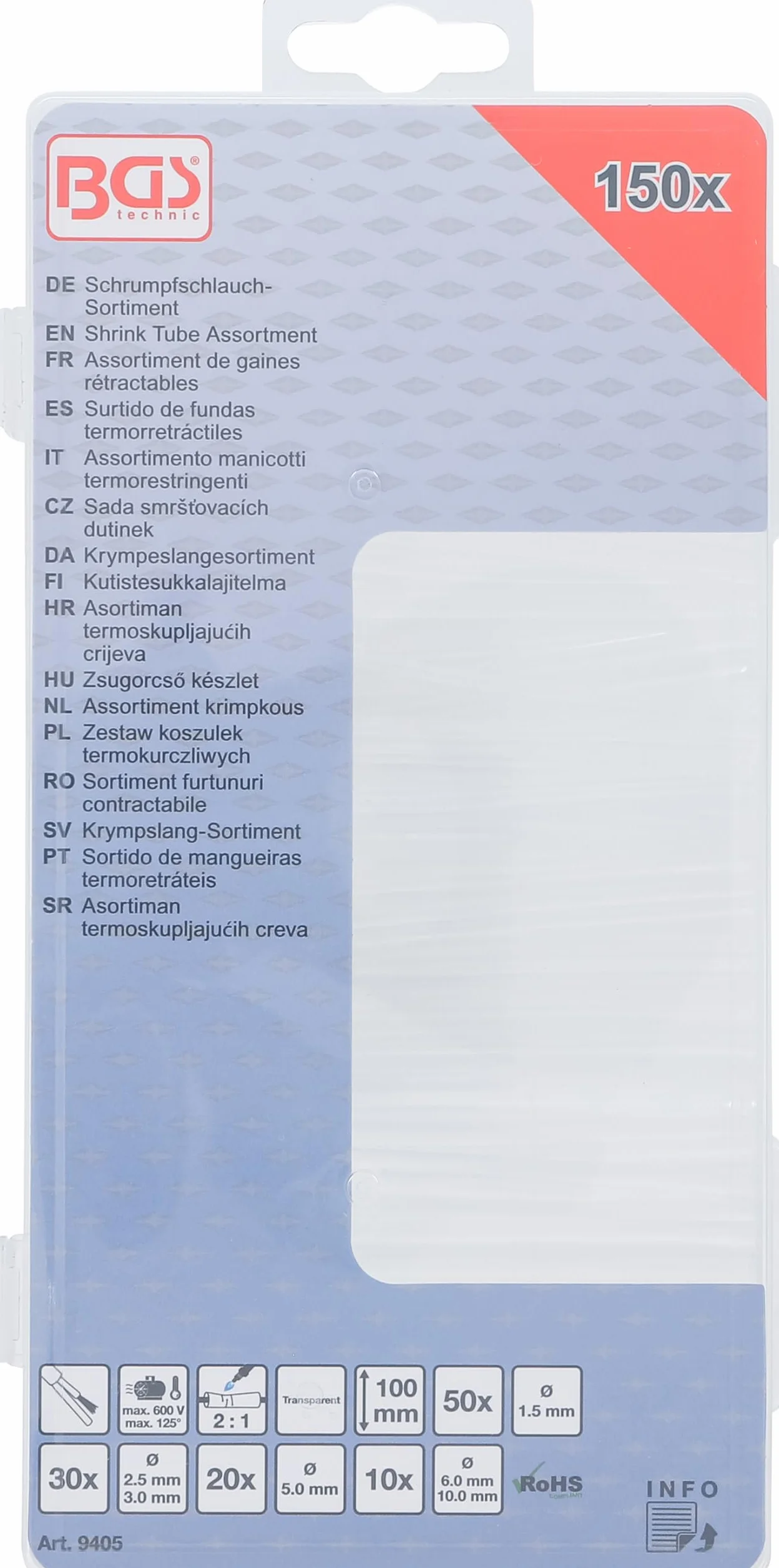 BGS 9405 Zestaw koszulek termokurczliwych przezroczyste 150 szt.