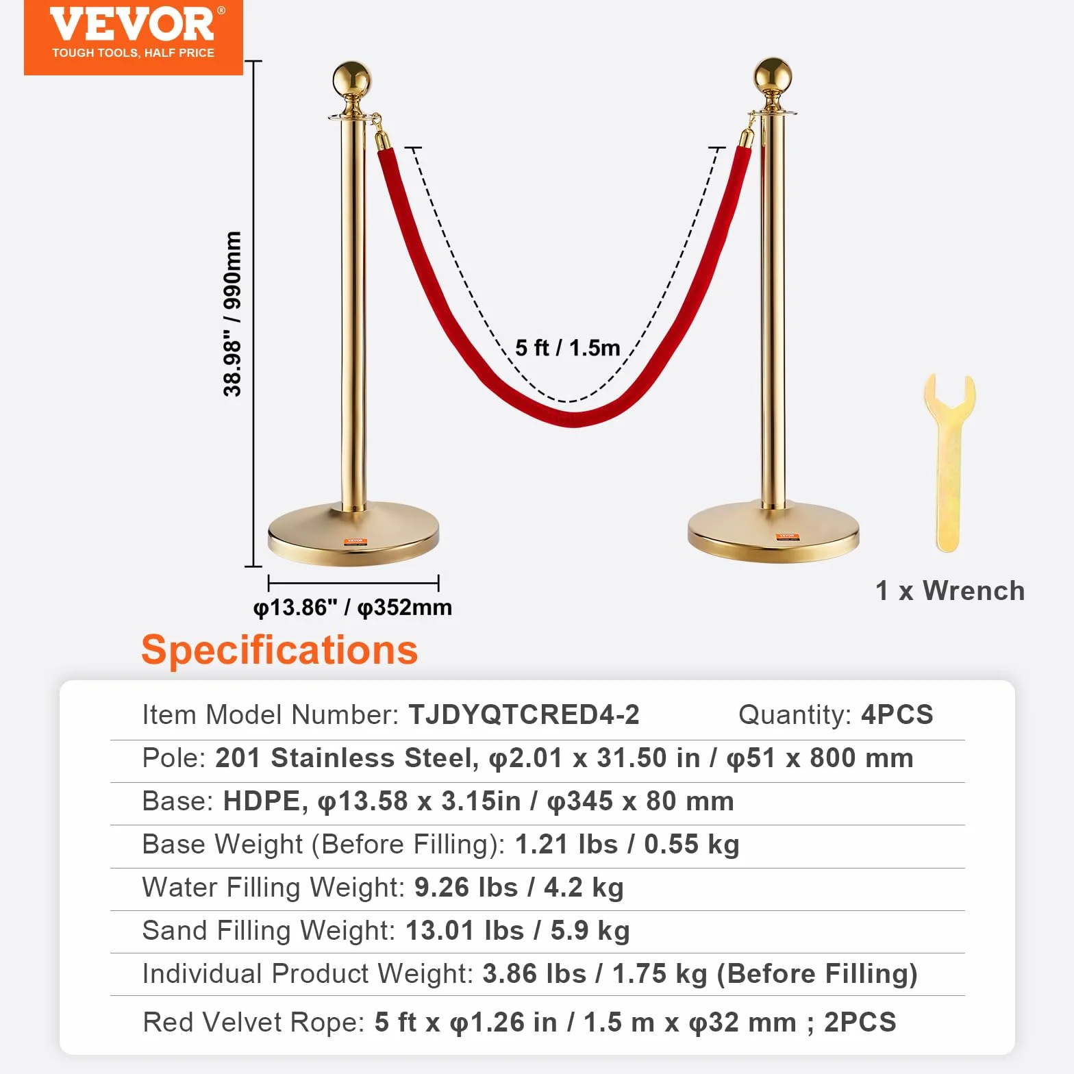 VEVOR Stanchion Post z aksamitną linką 4-pak, 152 cm, ze stali nierdzewnej, przegroda barierowa
