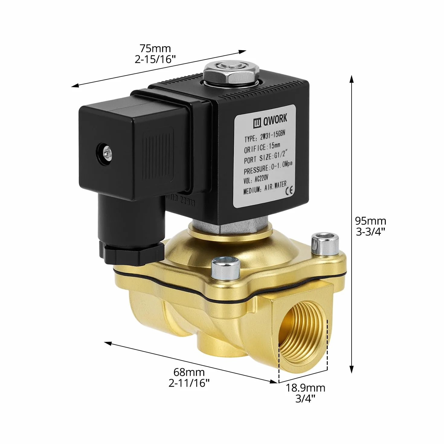QWORK® Zawór elektromagnetyczny z mosiądzu, G1/2" 220V AC normalnie zamknięty zawór elektromagnetyczny, do wody, powietrza i oleju