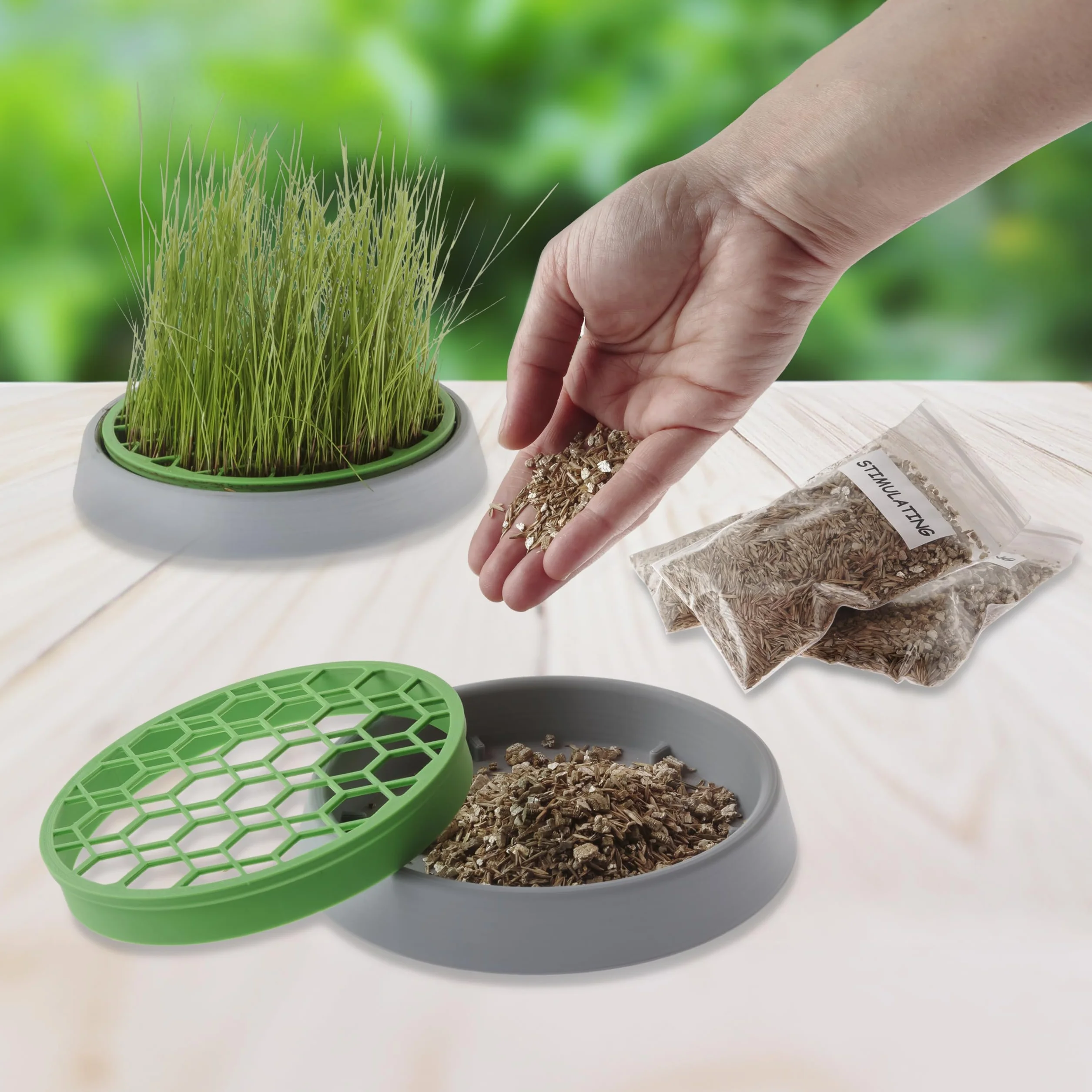 R&R SHOP - Zestaw Double Seeds Catnip - Doniczka kiełkująca, 2 rodzaje kocimiętki, pobudzająca i wspomagająca trawienie, 4 saszetki nasion i podłoże, odpowiednia dla wszystkich kotów