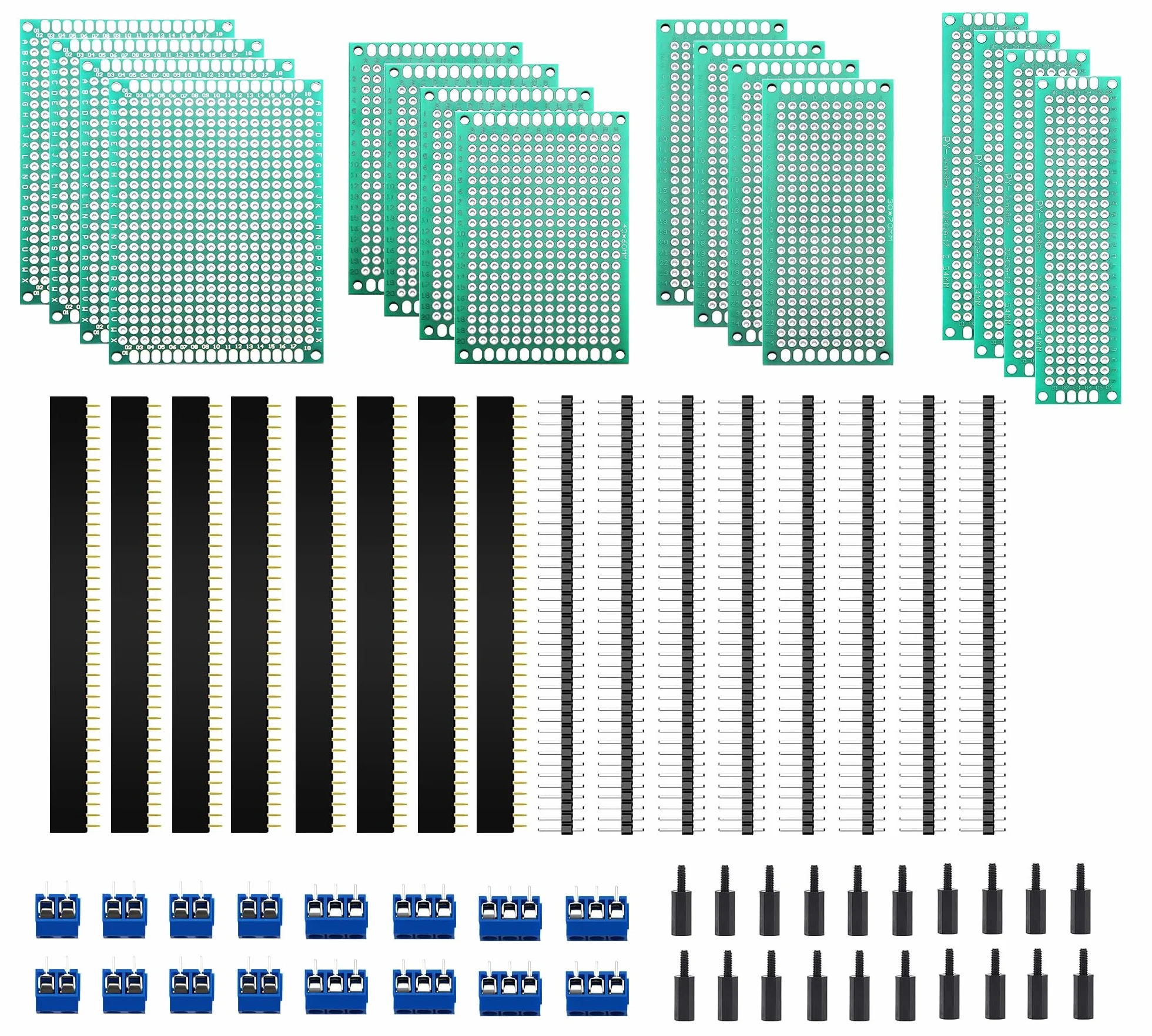HUAZIZ 68 sztuk PCB Board Kits, 16 sztuk dwustronnych kart prototypowych płytek drukowanych, 16 sztuk męskich i żeńskich 40 pinów, 16 sztuk zacisków śrubowych 2P/3P, 20 sztuk nylonowych kolumn