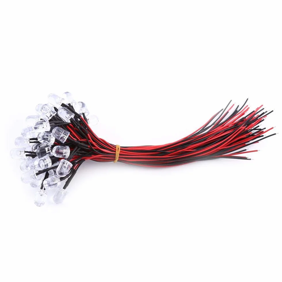 Walfront Diody świetlne LED DC 9-12 V, 50 szt. 3/5/10 mm z okablowanymi diodami LED 20 cm (białe, 10 mm)