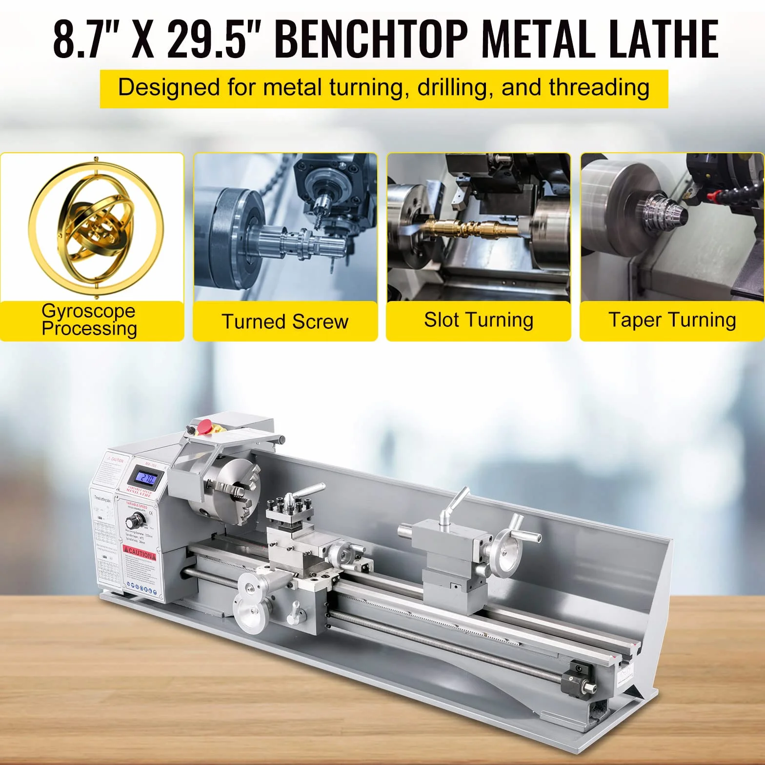 VEVOR Precyzyjna tokarka do metalu 750 W, 220 x 750 mm Mini tokarka do drewna o zmiennej prędkości 50-2250 ± 10% obr/min Profesjonalna tokarka elektroniczna, regulowana tokarka do wiercenia w