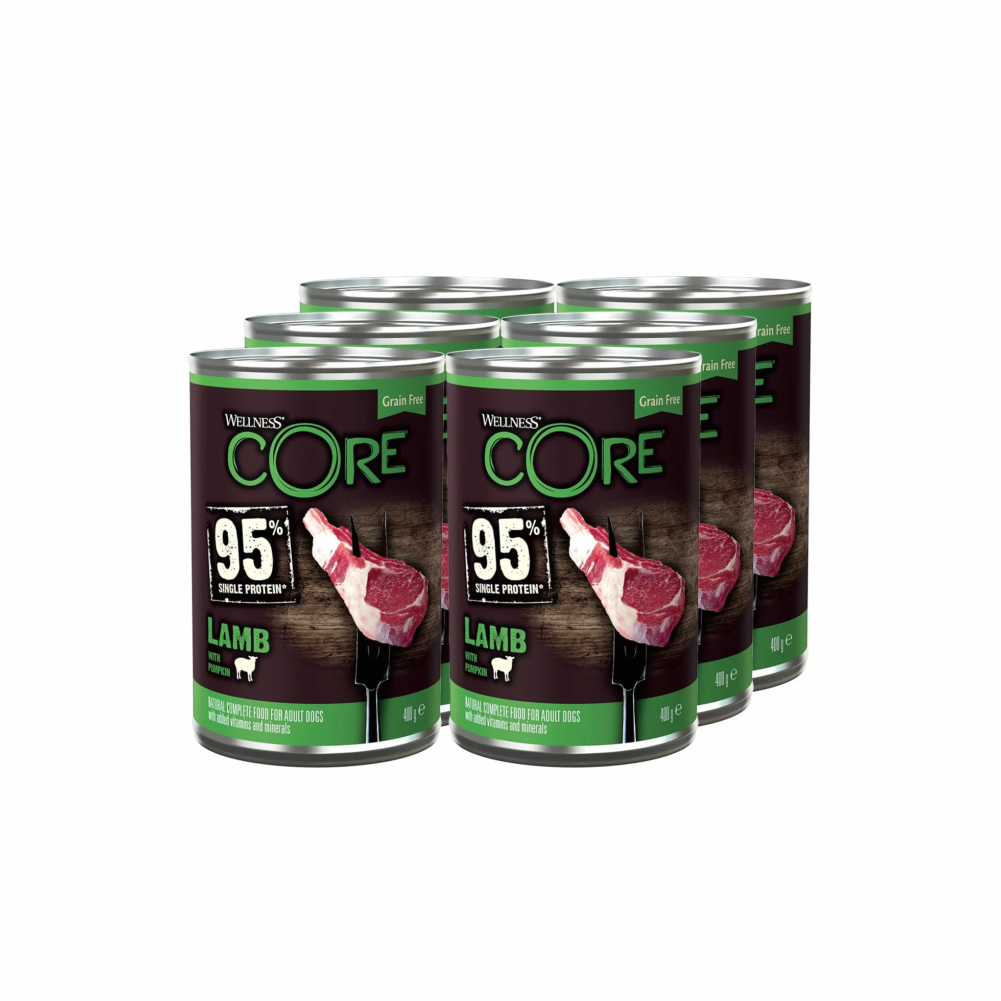 Wellness CORE 95% Jagnięcina i Dynia, 6 x 400 g, mokra karma dla psów wszystkich ras, pasztet typu Chunky, bezzbożowa, wysoka zawartość mięsa, bogata w białko, ograniczona liczba składników