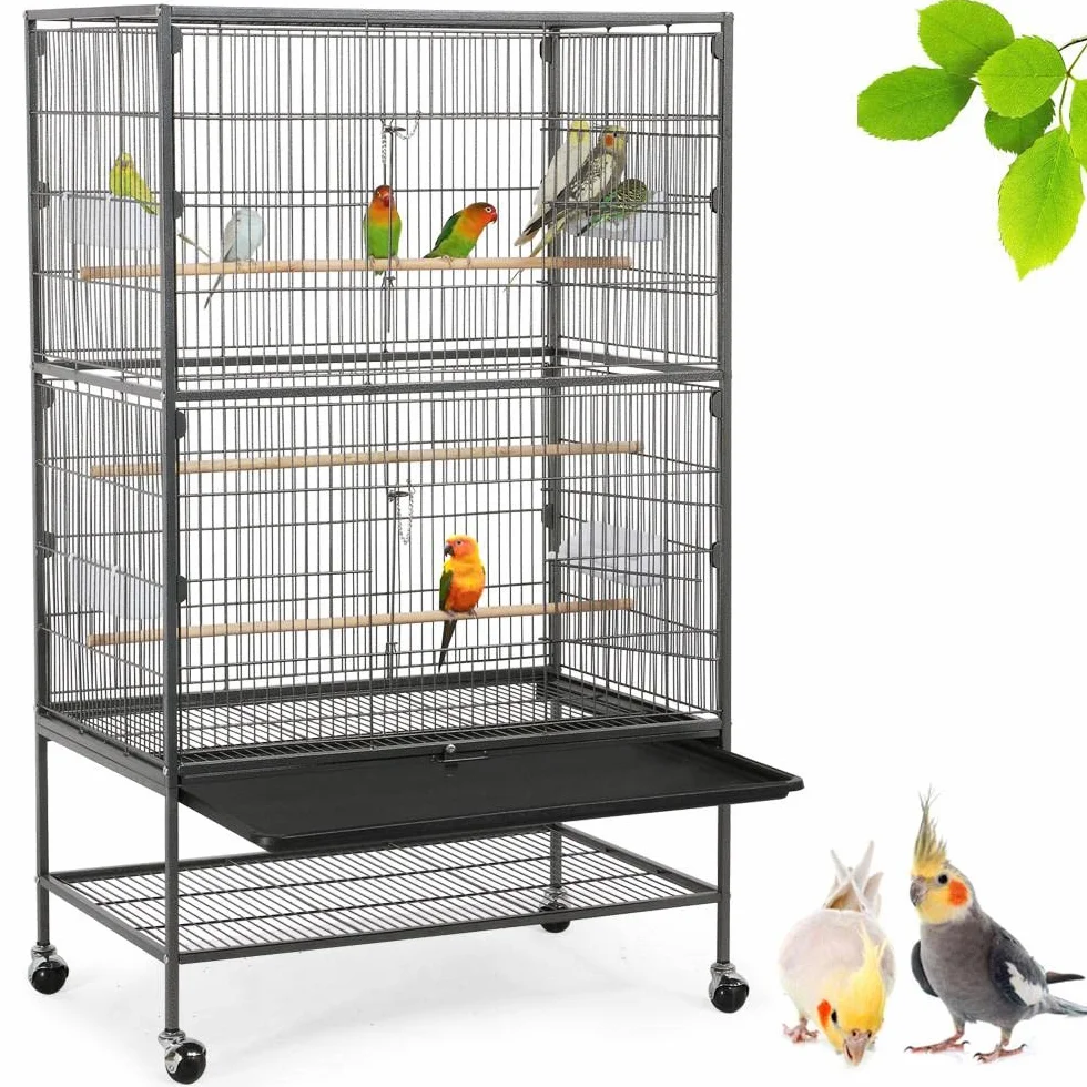 Yaheetech Woliera dla ptaków, duża klatka dla ptaków z 2 drzwiami, domek dla ptaków z drewnianymi drążkami i 4 rolkami z wkładem do wanny, 52 x 79 x 132 cm