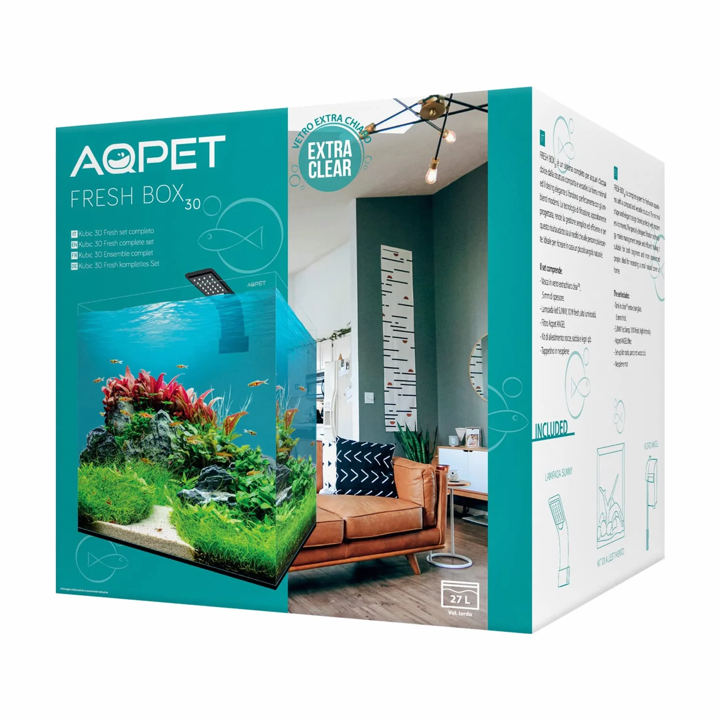 AQPET Akwarium FreshBox 30 kompletny zestaw filtrów świetlnych szklany wystrój bardzo jasny wzór 30 x 30 x 30 cm 27 litrów, przezroczysty