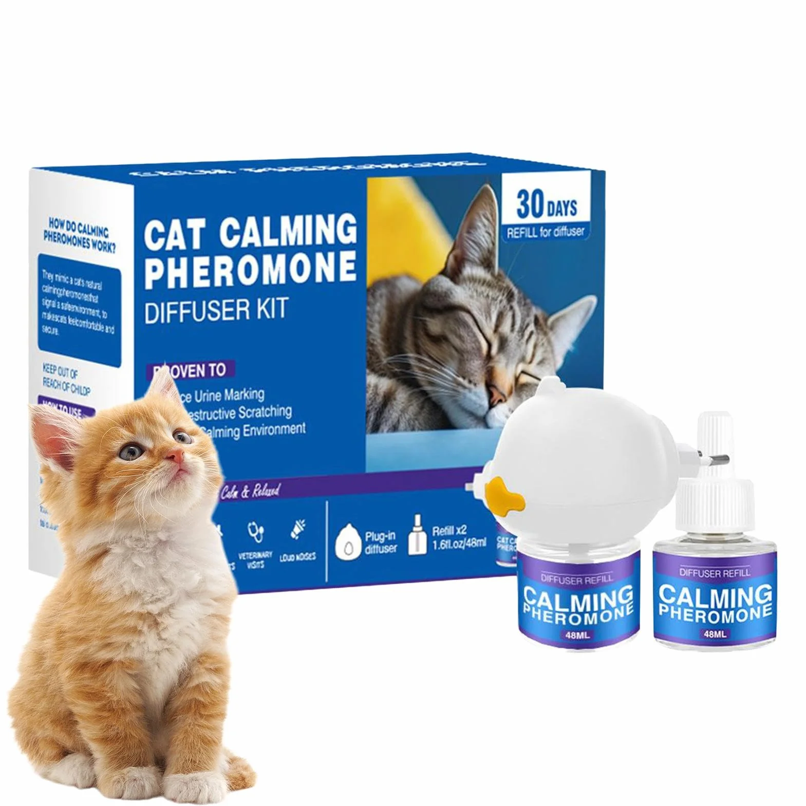 Cat Calming Dyfuzor, feromony kota uspokajające napełnienie dyfuzora | Dyfuzor relaksacji,60 dni trwałej wtyczki uspokajające kota Uwolnienie utrzymywanego feromonu w celu zmniejszenia stresu