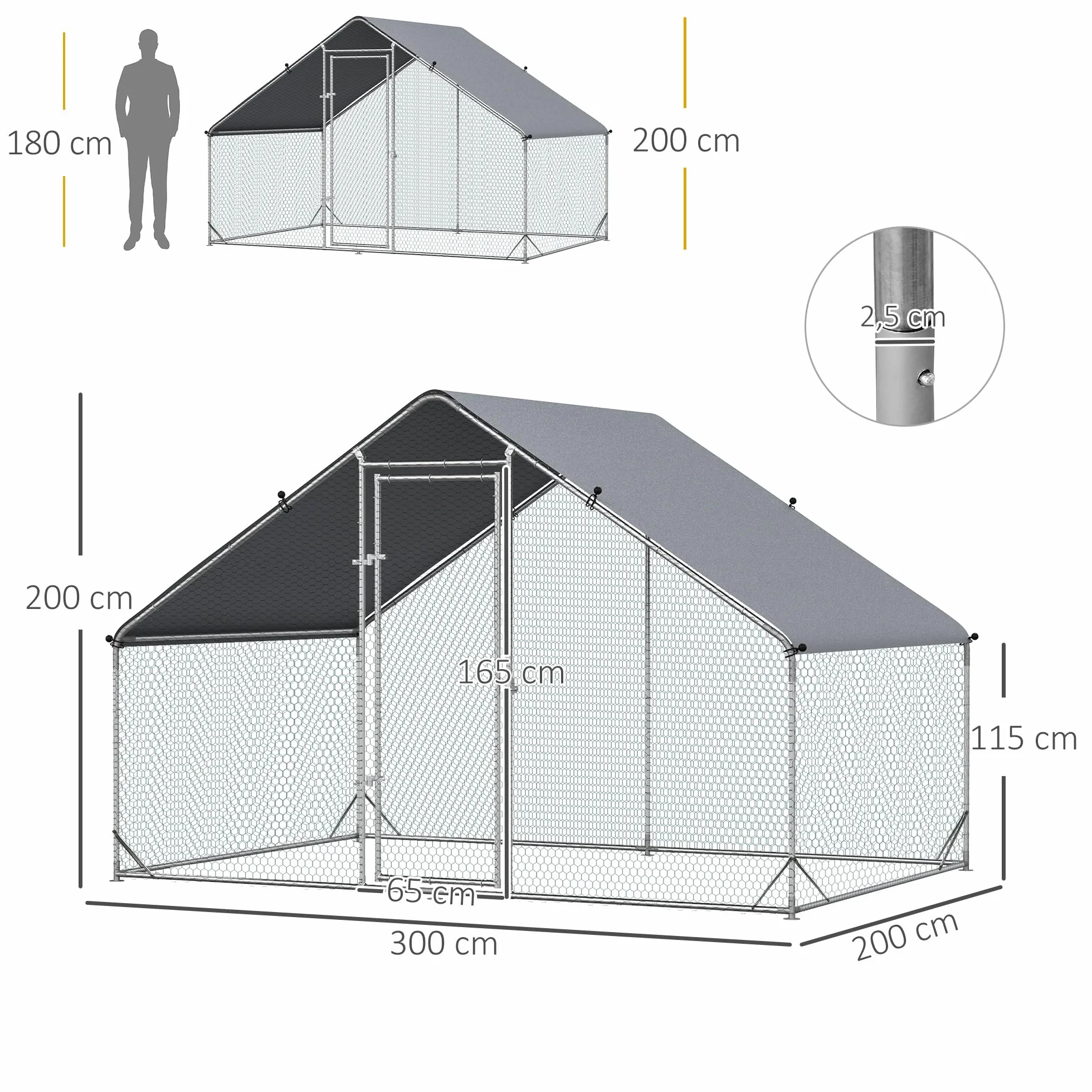 PawHut Kurnik ze stali 300x200x200 cm klatka dla kur z osłoną drzwiami wybieg dla 4-6 kur srebrny